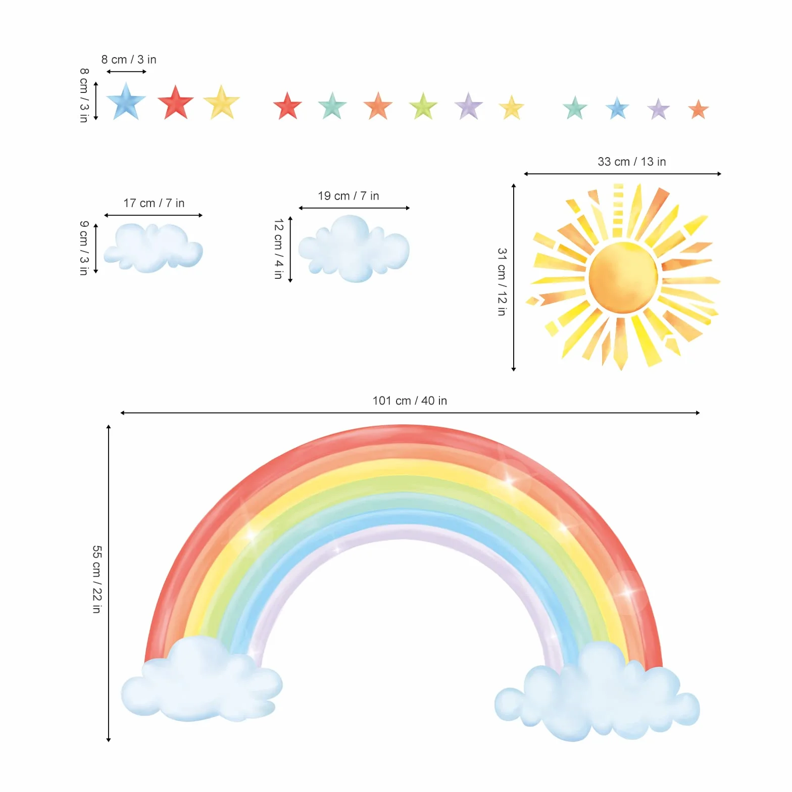 Stickers Muraux Arc en Ciel Grand Autocollant Mural Soleil Nuage Etoile Décoration Murale Chambre Enfants