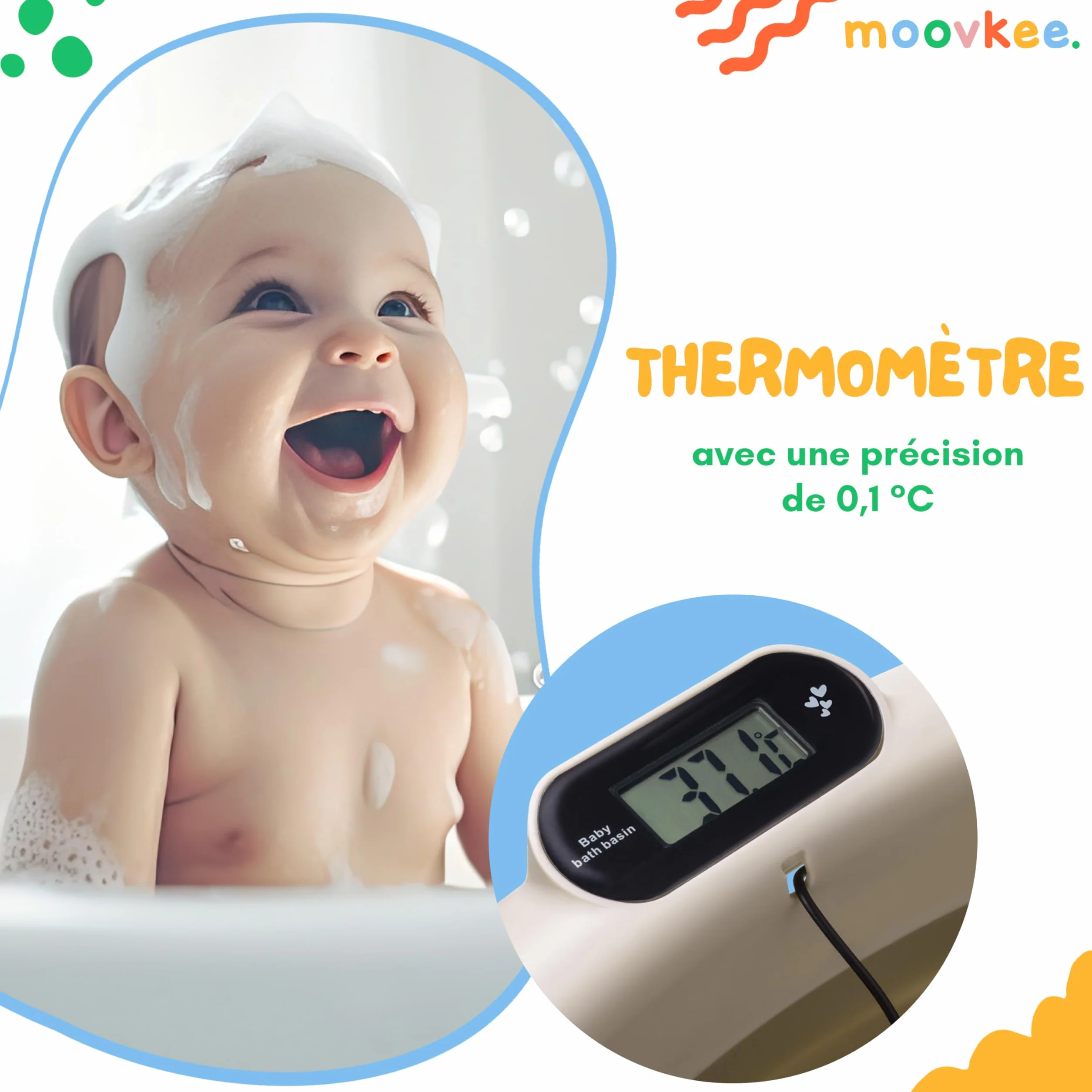 Baignoire bébé pliable 80 cm avec thermomètre et siège de bain antidérapante 0-36 mois