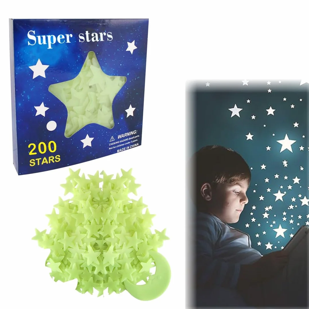 Kit 3D Phosphorescent Étoiles et Lune Adhésives Fluorescentes Décoration Murale Lumineuse 201 Pièces