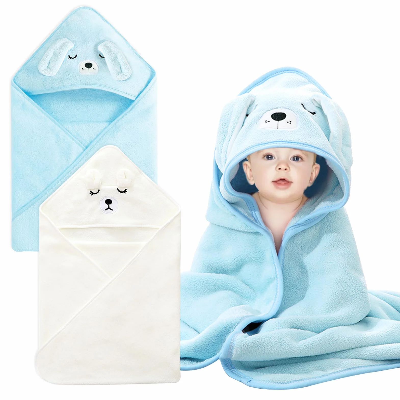 Serviette de Bain Capuche Bébé 80 x 80 cm Bleu et Blanc Design Animal