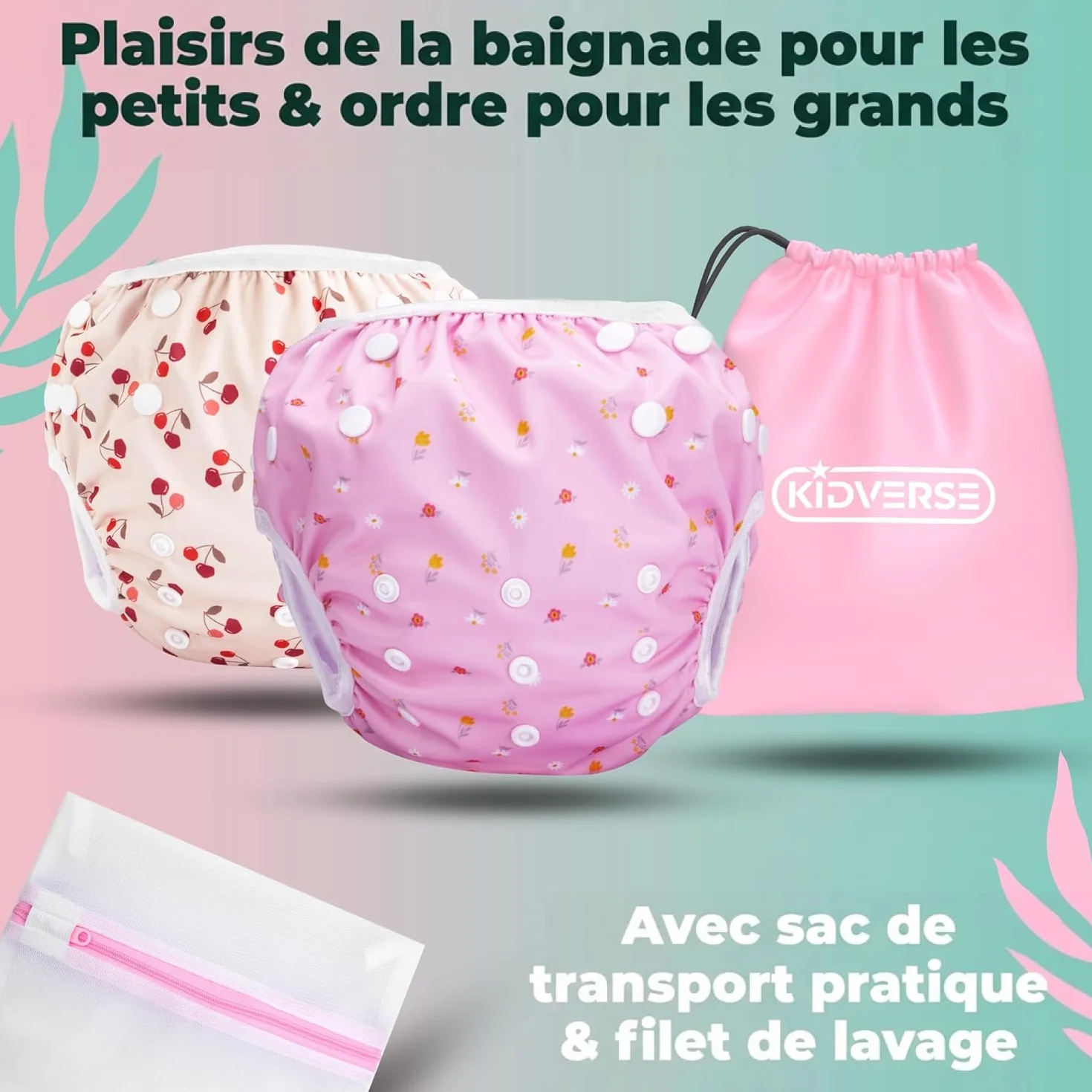 KIDVERSE Couche Piscine Bébé 0-3 Ans Réglable Réutilisable Lavable avec Pochette Fille Garçon