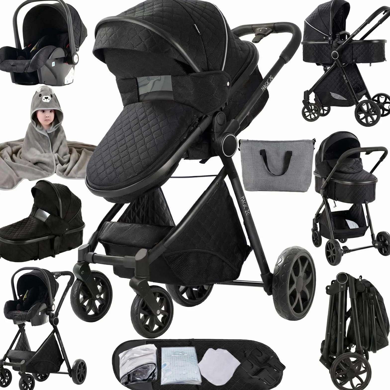 Poussette 3 en 1 Tissus Haut de Gamme Vision Buverte Poussoir Bidirectionnel Avec Cosy V9 Dark Black