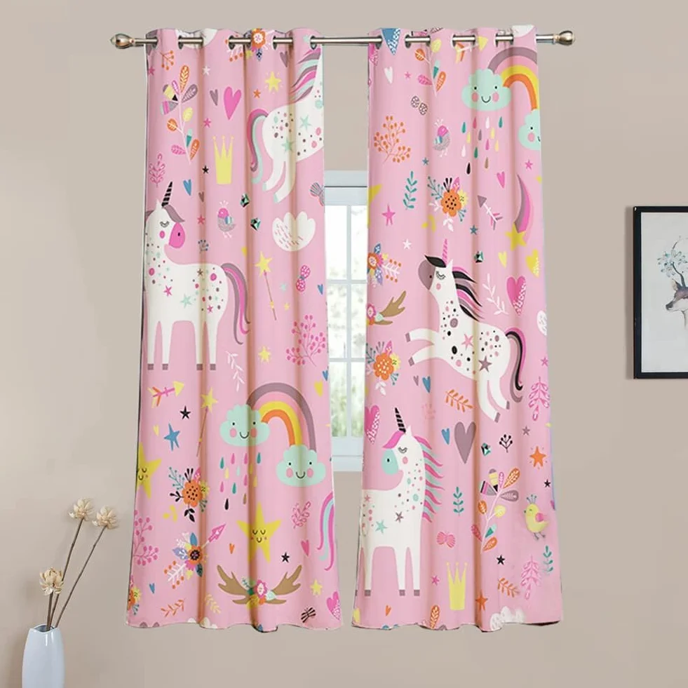 Rideaux Enfants Licorne Étoiles Rose Œillets 160×107 cm Chambre Fille