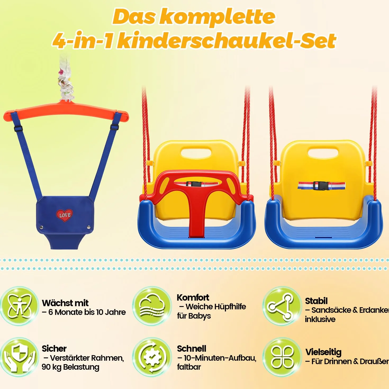 Balançoire bébé 4 en 1 pliable avec armature et ceinture de sécurité