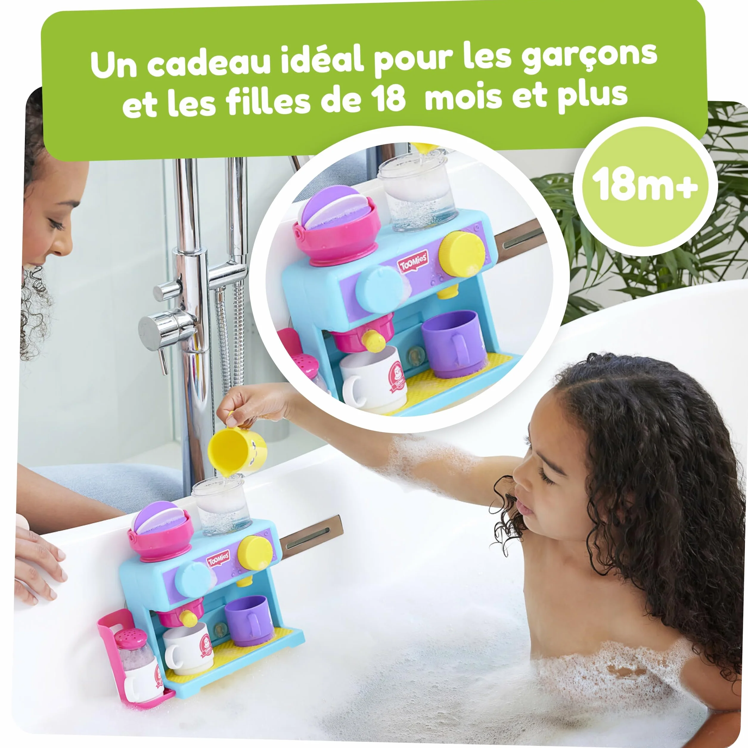 TOMY Toomies Machine à café pour le bain - Jouet de bain bébé avec 3 tasses, 1 pot et 1 shaker - À partir de 18 mois