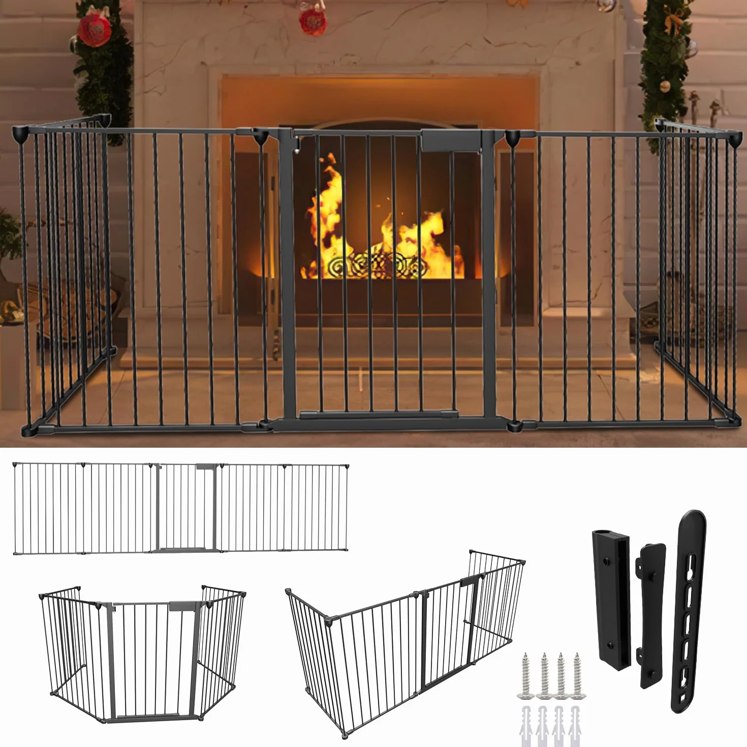 Barrière de Protection de Cheminée Métal 310 cm Pliable 5 Pièces avec Serrure Porte Noir