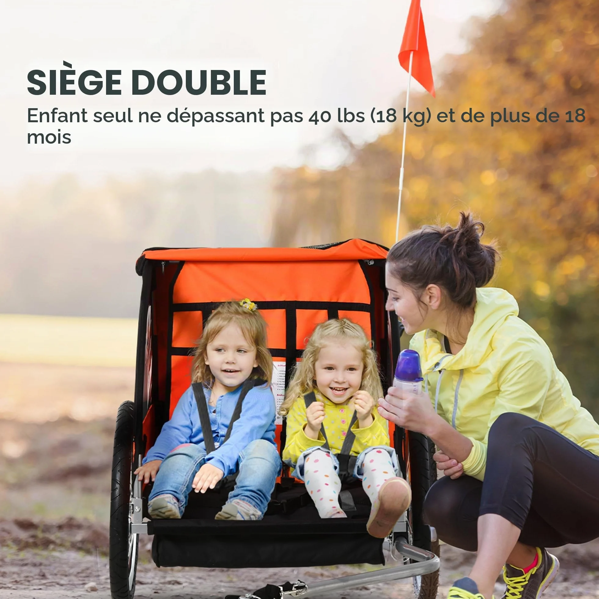 HOMCOM Remorque vélo enfants 2 sièges ceintures sécurité cadre acier housse Oxford Orange