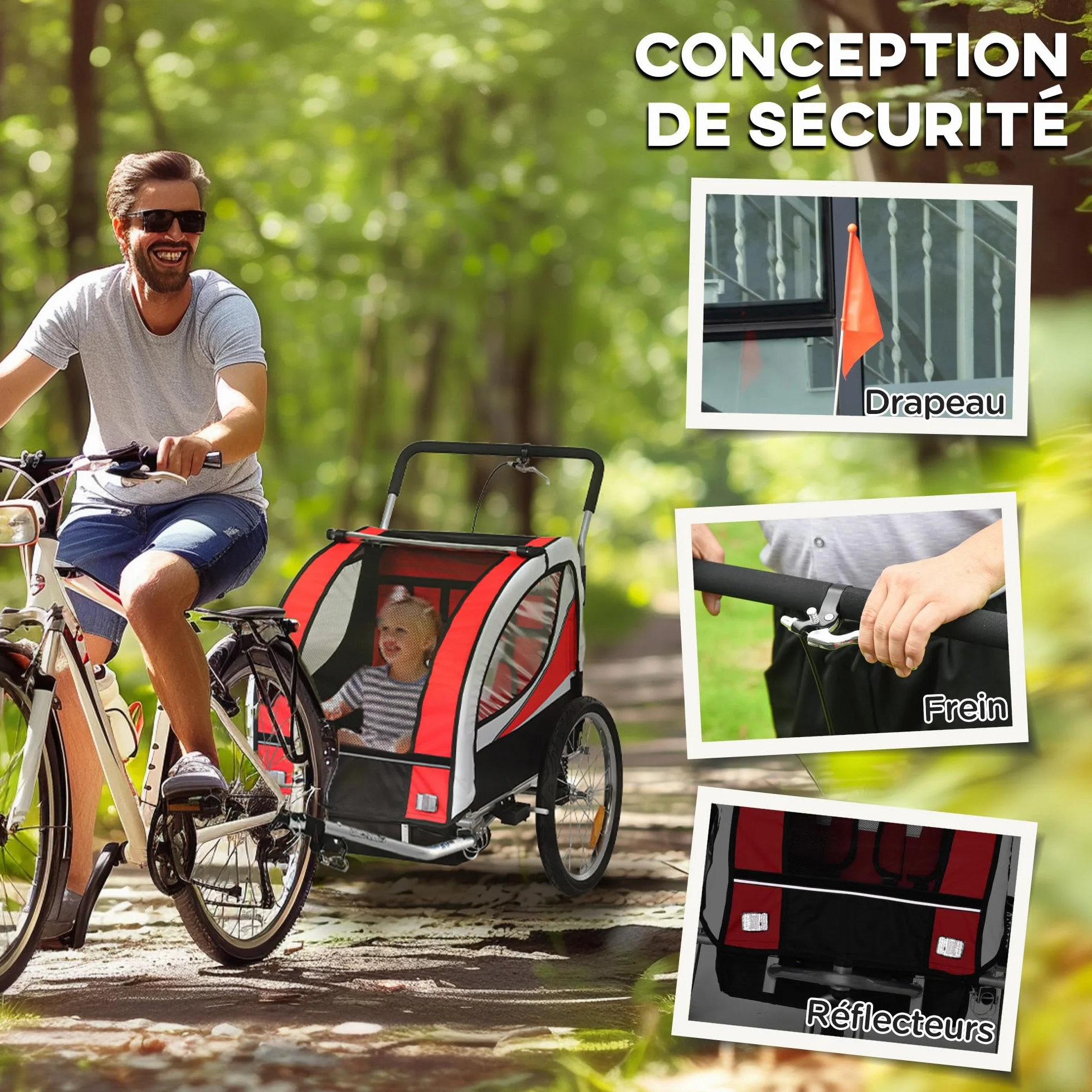 HOMCOM Remorque Velo Enfant 2 en 1 Poussette vélo bébé 2 Places, Ceinture sécurité 5 Points, Charge 40 Kg, Rouge
