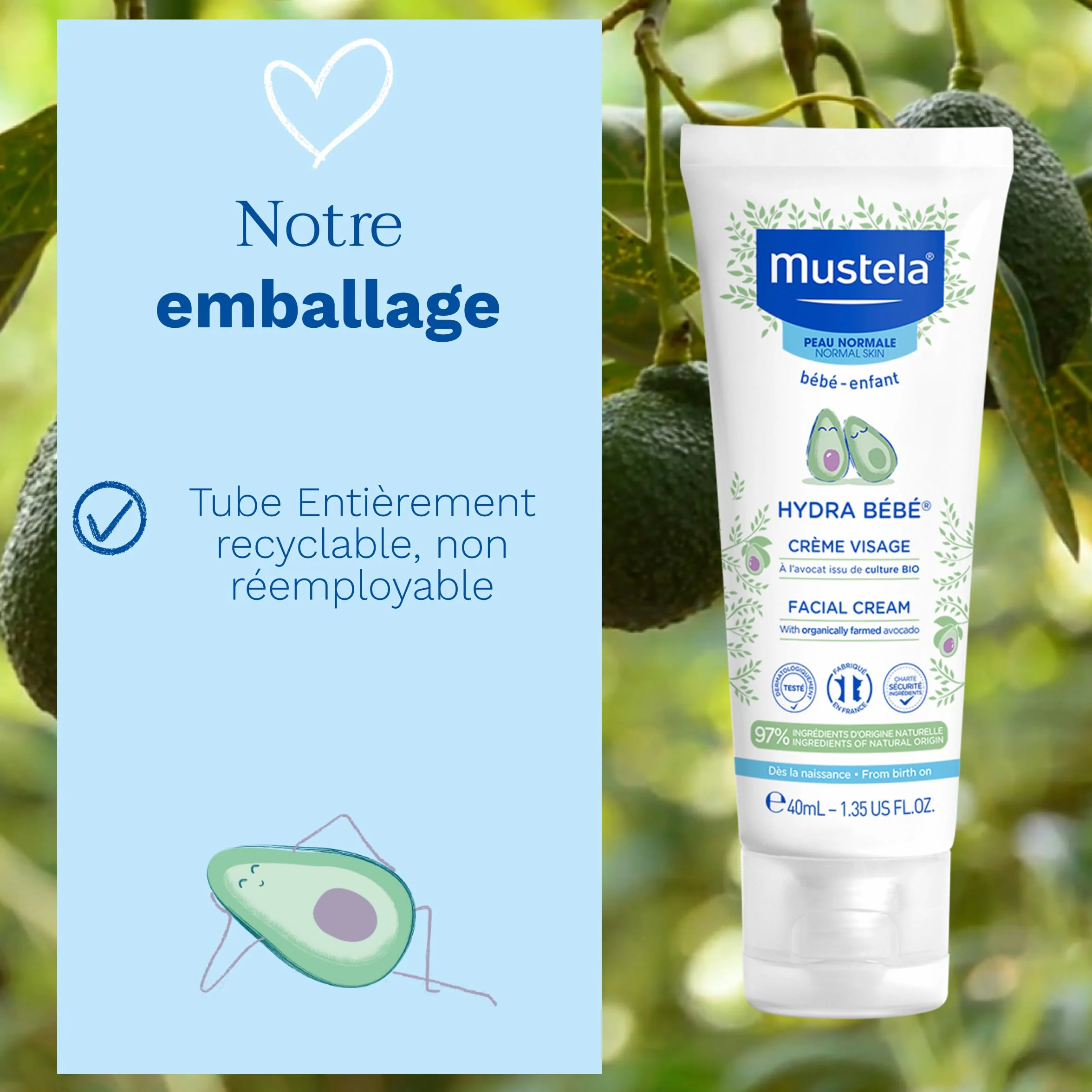 Mustela Crème Visage Hydra Bébé Soin Quotidien Nourrissant 97% d'Ingrédients d'Origine Naturelle