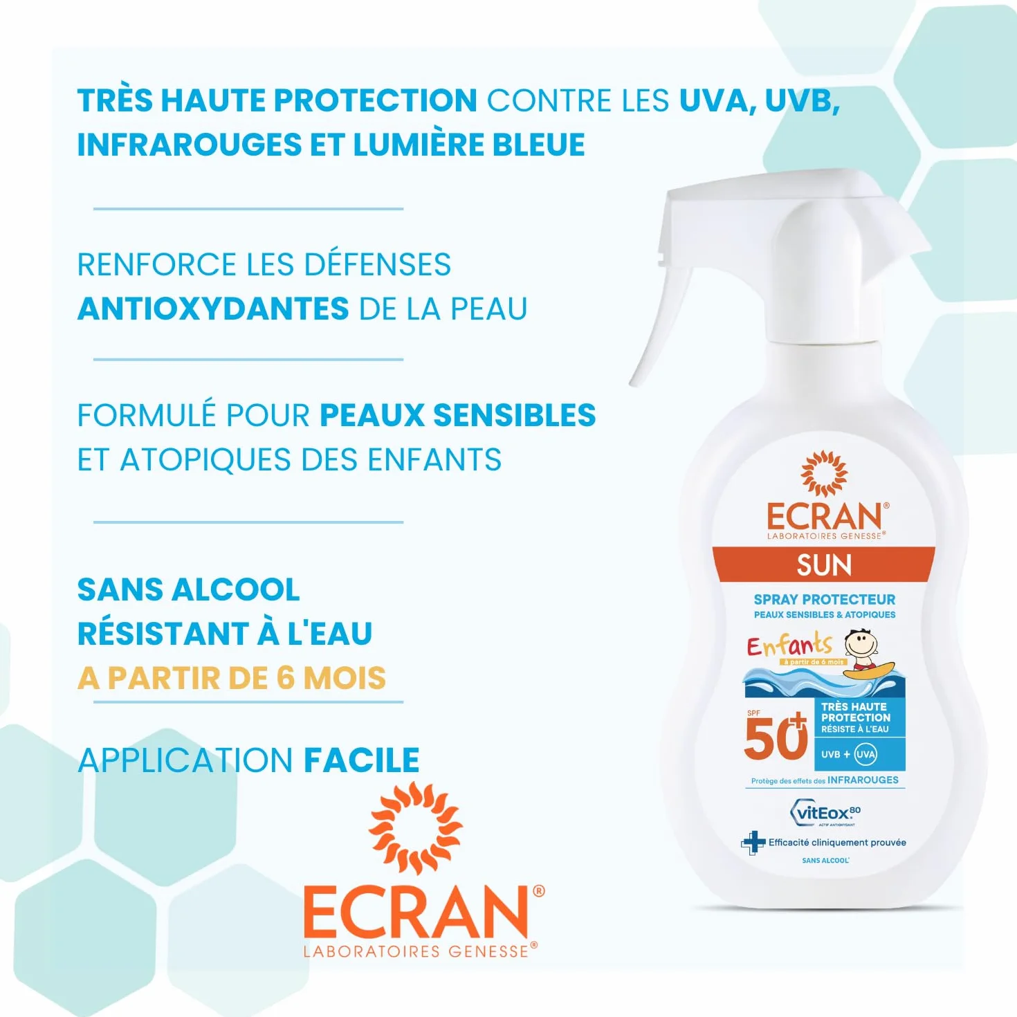 ECRAN® Protection Solaire SPF 50+ Enfant Haute Protection UVA UVB Lumière Bleue Résistant à l'eau