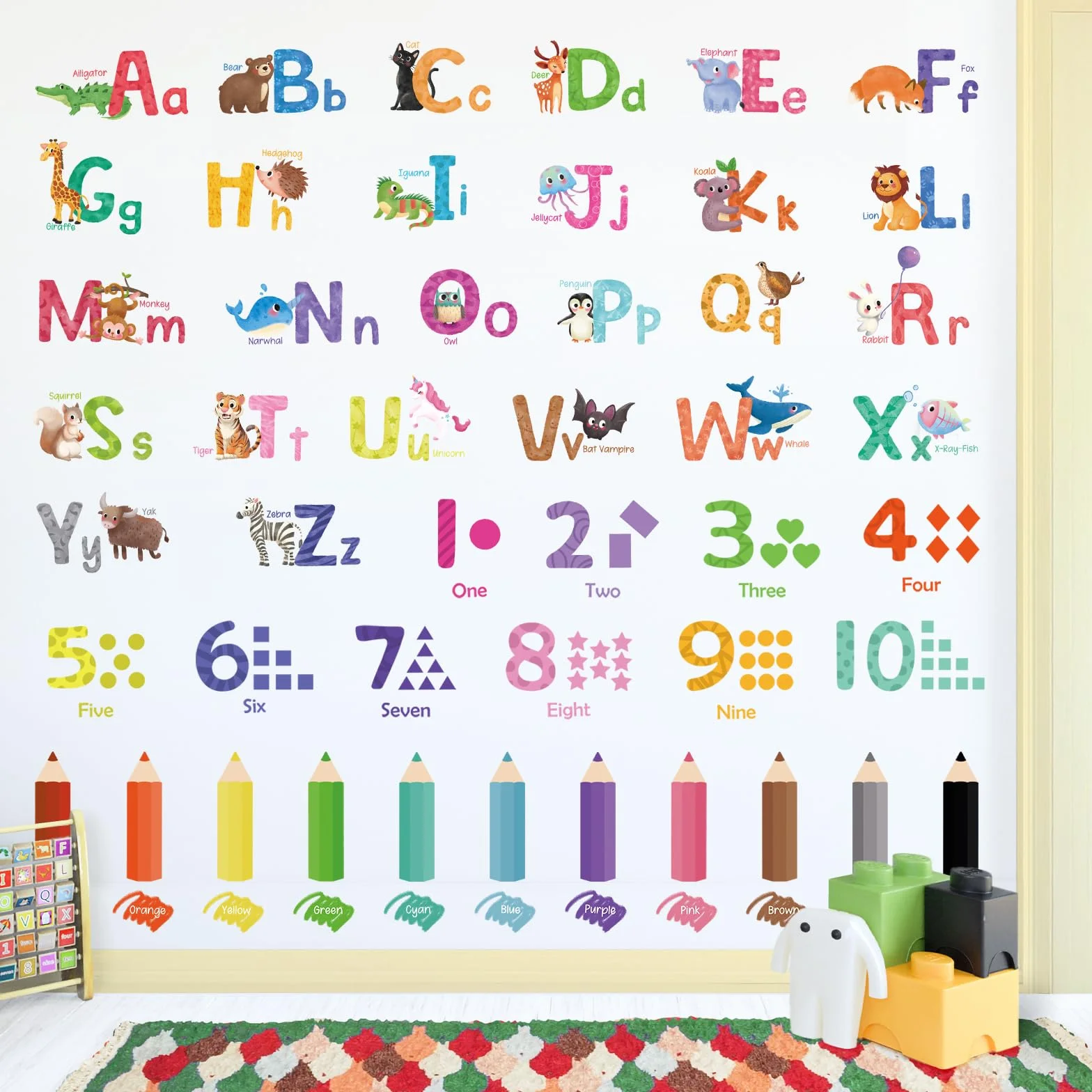 SHUCHING Stickers Muraux Alphabet Enfants, Autocollant Mural Couleur et Chiffres, Décoration Murale Chambre Bébé