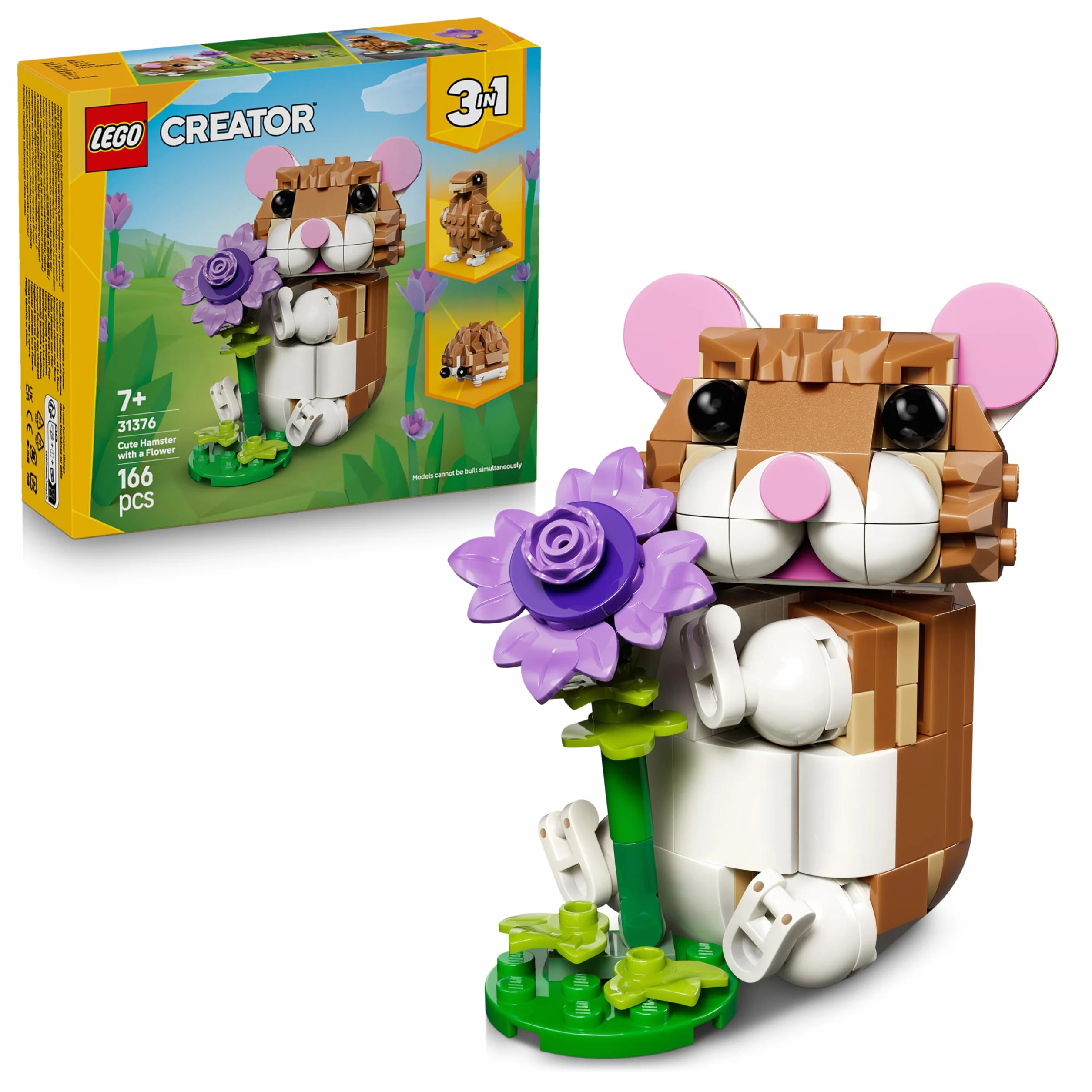 LEGO Creator 3-en-1 L’Adorable Hamster et la Fleur 31376 Figurine d'animal Transformable Aigle Hérisson