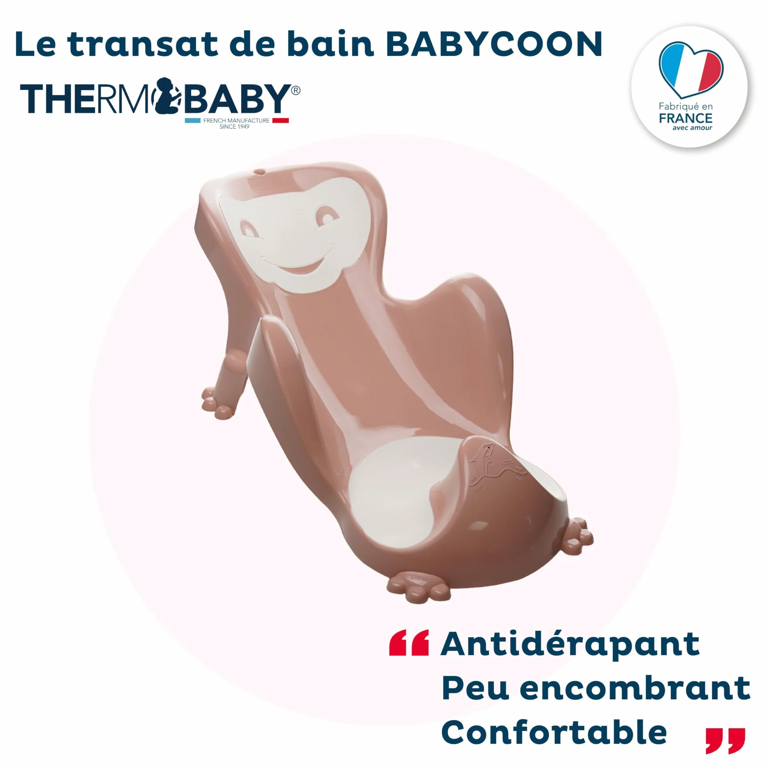 BABYCOON Transat de Bain THERMOBABY Naissance à 8 mois 8 kg Rose Câlin Fabriqué en France