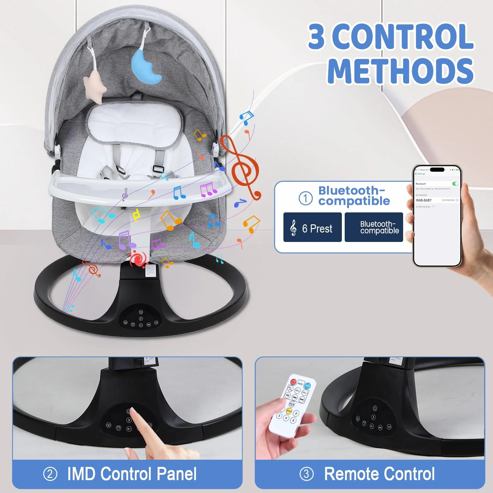 Transat Bébé Évolutif Balancelle Électrique Bluetooth Télécommande Harnais 5 Points Mouvement Up-Down Pare-Soleil 0-24