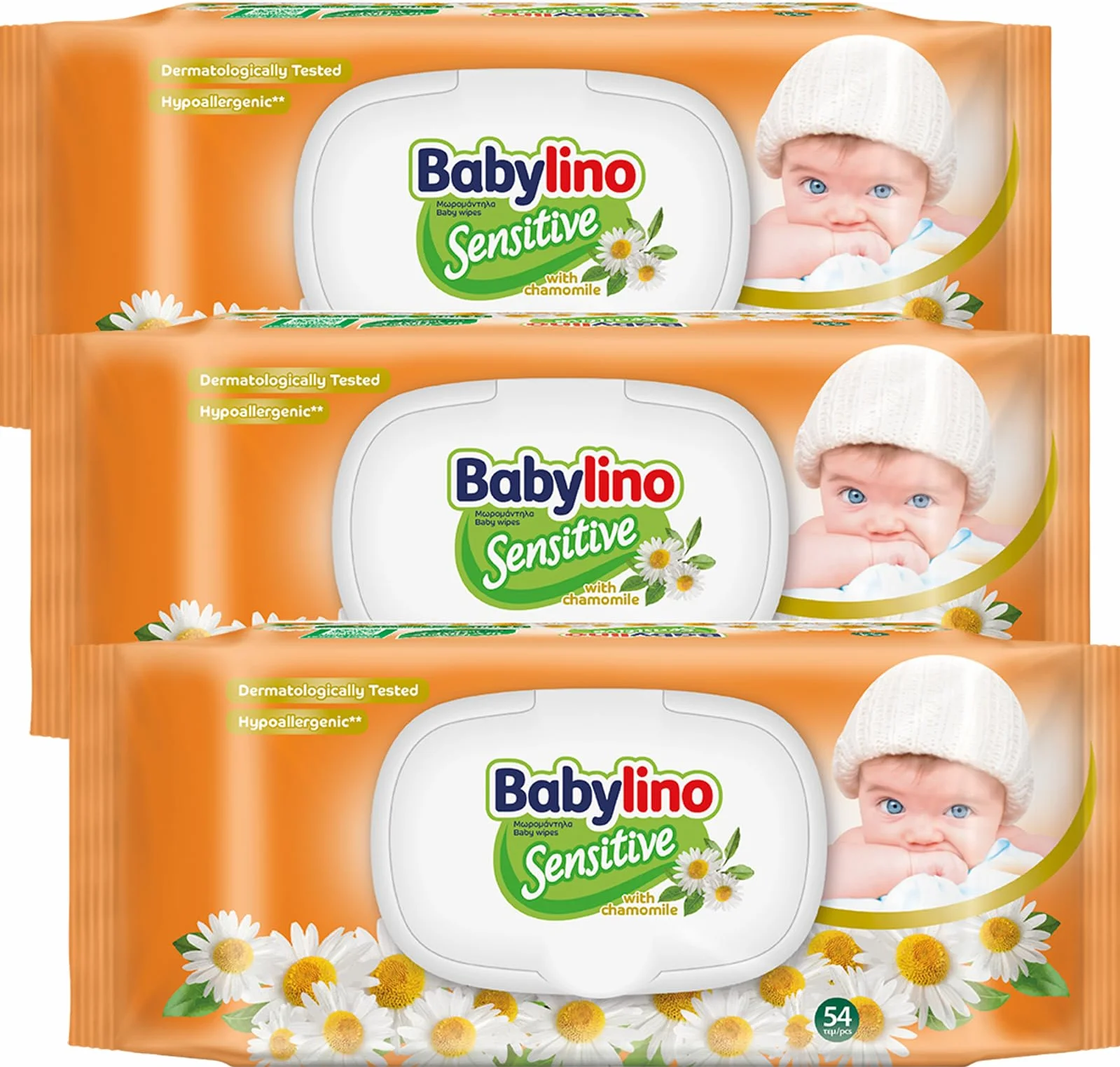 Babylino Sensitive Lingettes Camomille 98% Naturelle pH Restaure 3 Paquets 162 Lingettes