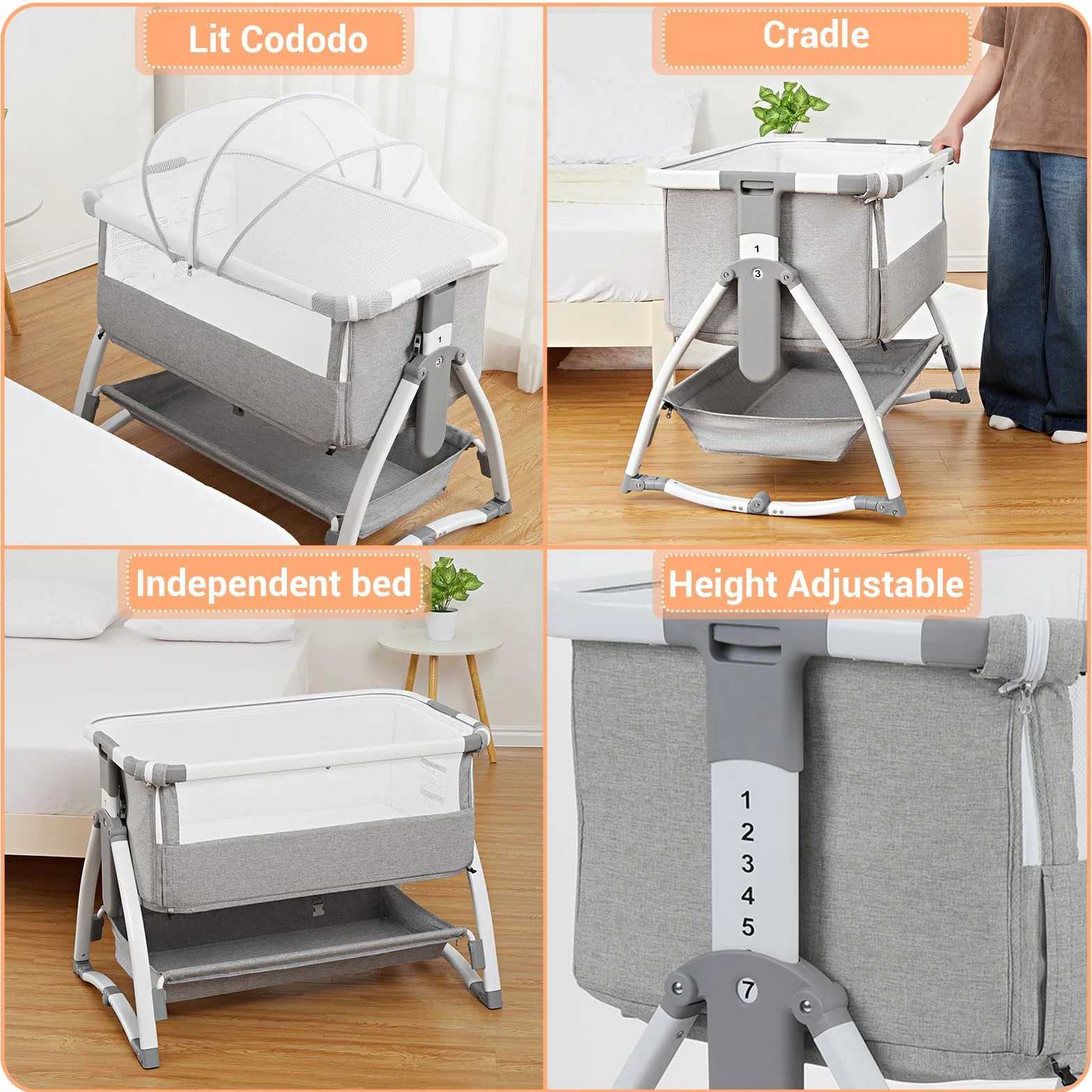 Lit Bébé Évolutif 3 en 1 Convertible Cododo avec Moustiquaire, Matelas, Bascule, 7 Hauteurs Réglables, 0-36 Mois