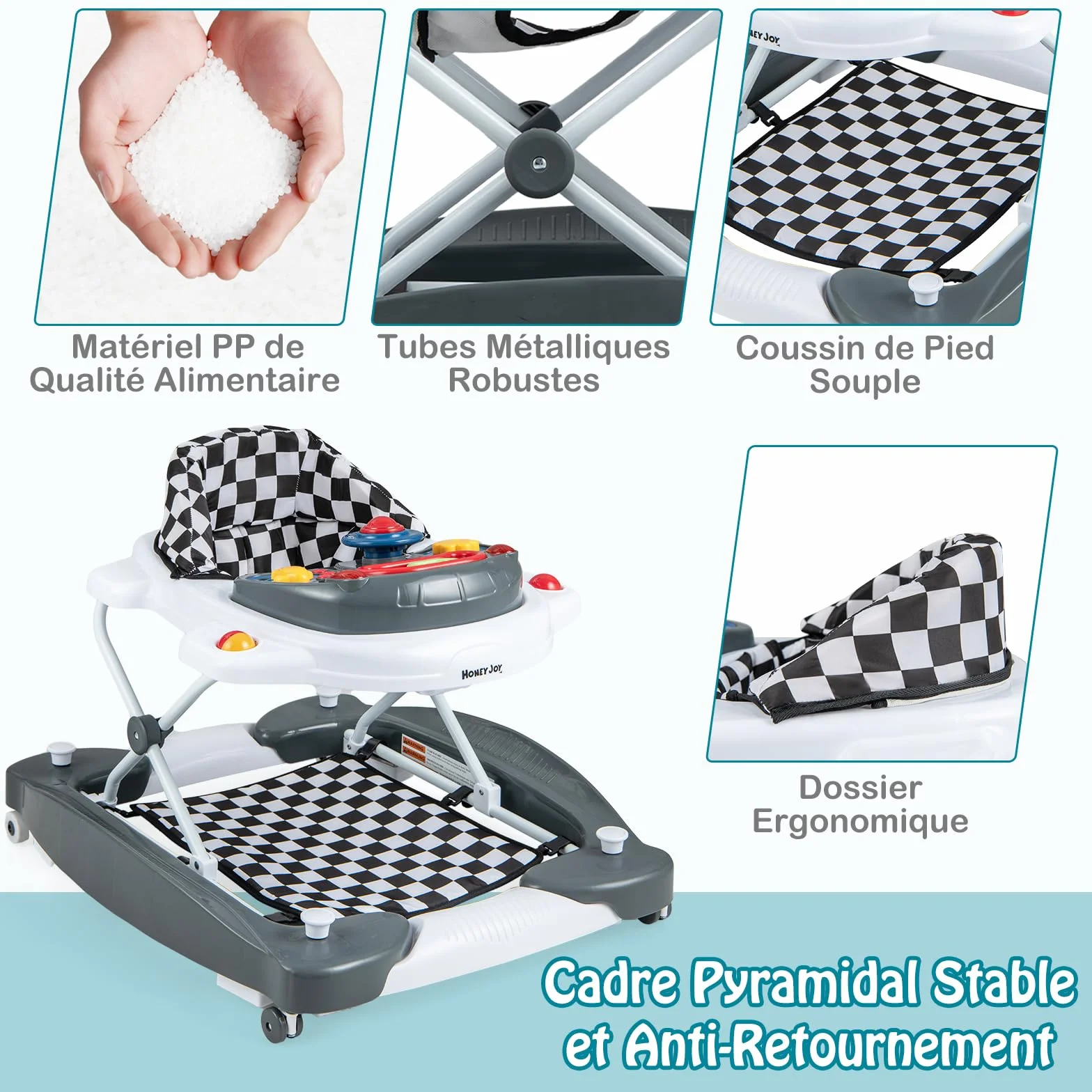 GOPLUS Trotteur Bébé Évolutif 6 en 1, Pliable avec 3 Hauteurs Réglables, Lumières, Musique, Charge 12KG, pour 6+ Mois, Gris