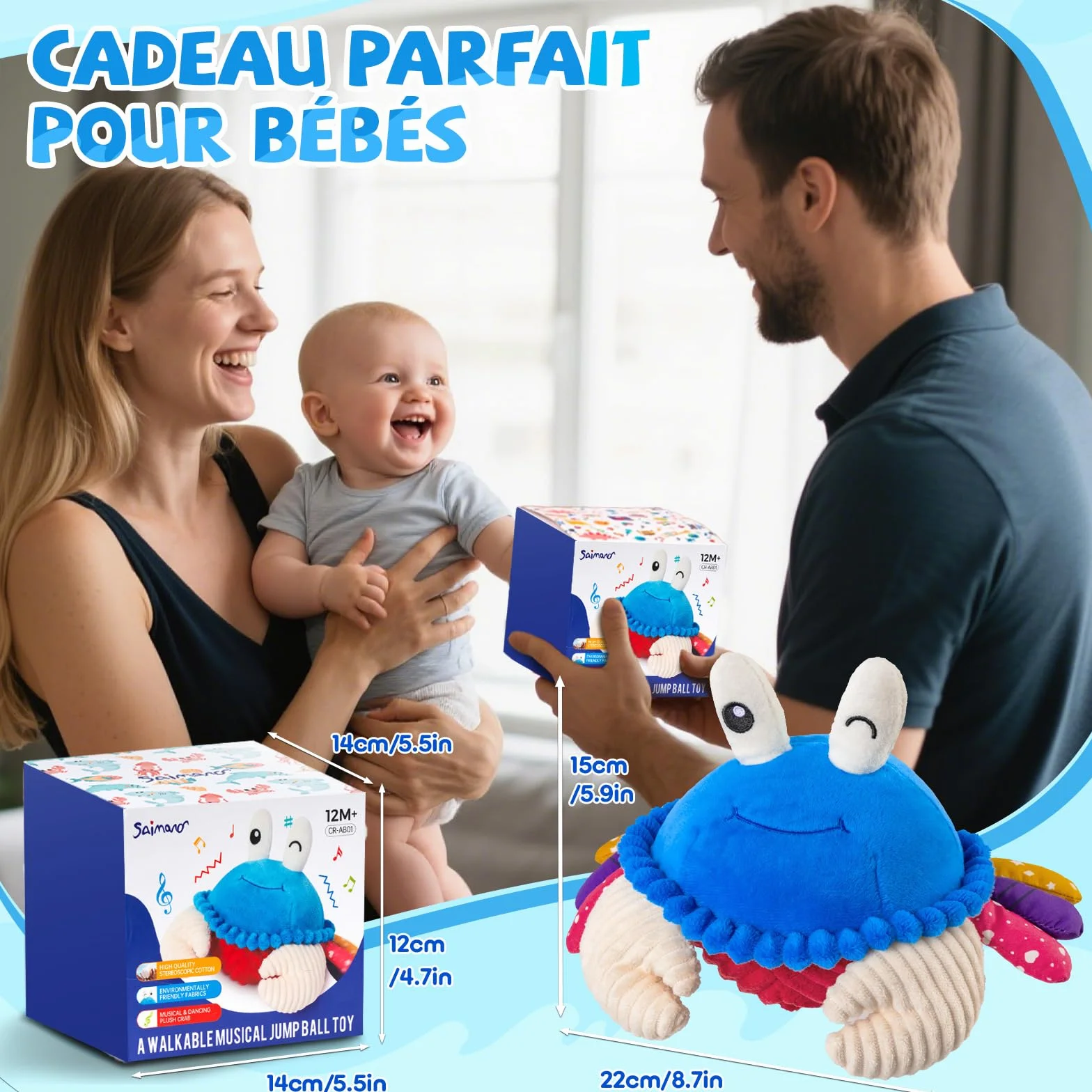 SAIMAND Jouet Bébé 6-18 Mois Peluche Crabe Musicale Interactive avec Enregistrement Jeu Sensoriel Cadeau Garçon Fille 1 2 3 Ans Bleu