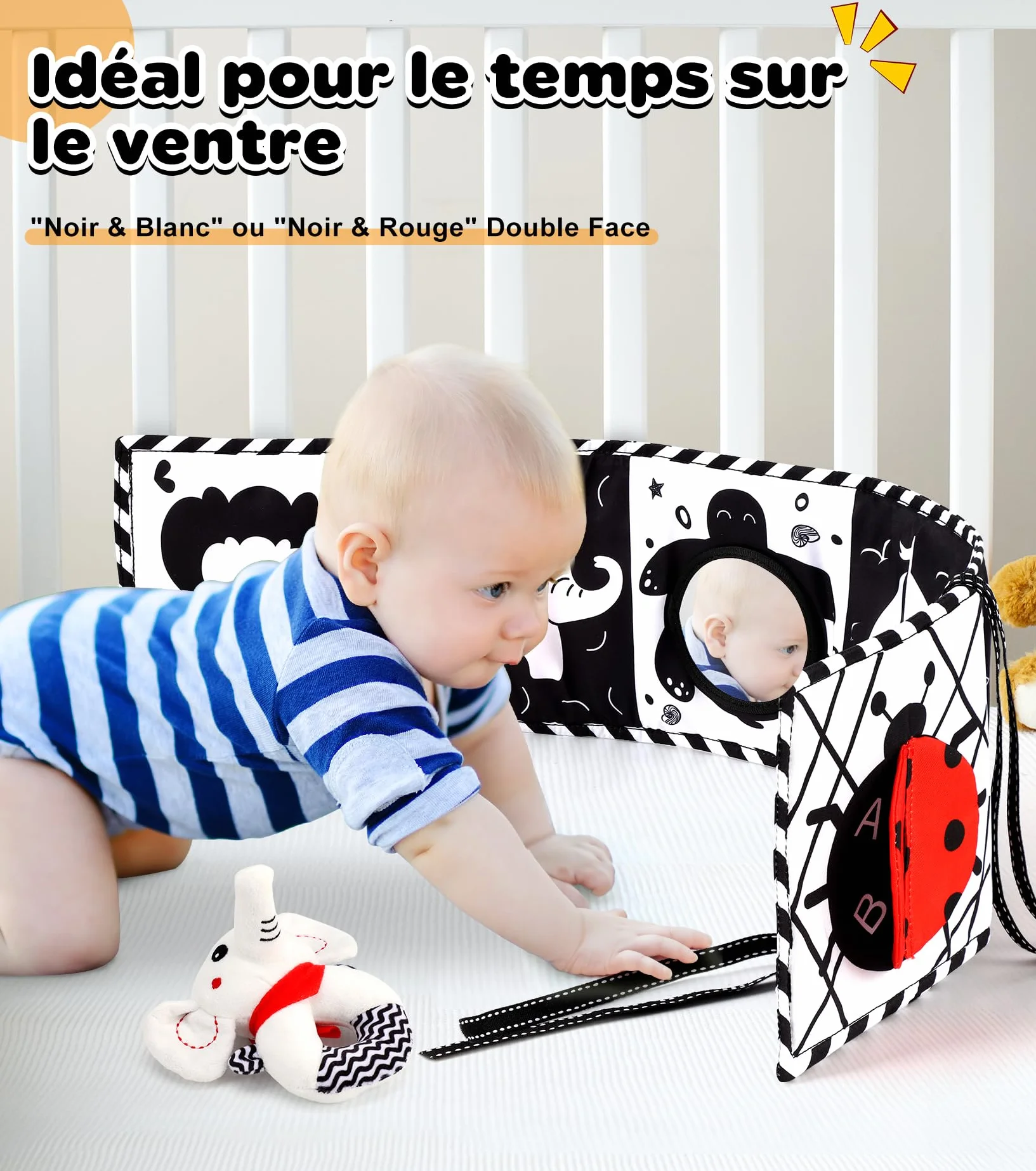 Livre Tissu Bébé Noir et Blanc 31 PCS 0-12 Mois Jouet Hochet Montessori Haute Contraste