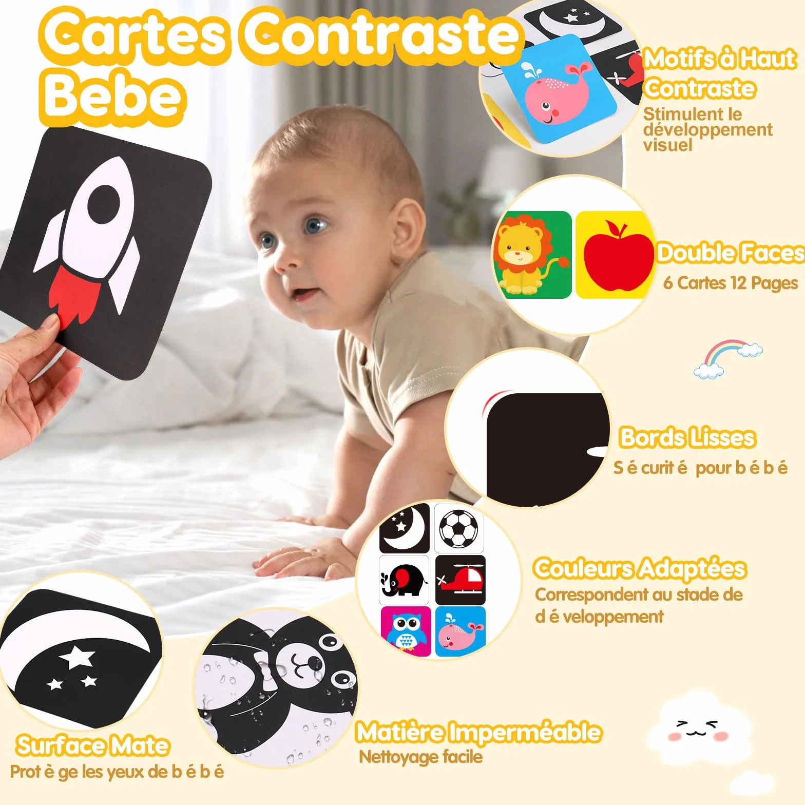 Livre Eveil Bebe 0-6 Mois Noir et Blanc Sensoriel avec Miroir Tummy Time, Carte Contraste Montessori Jeux d’eveil Jouet Cadeau Naissance