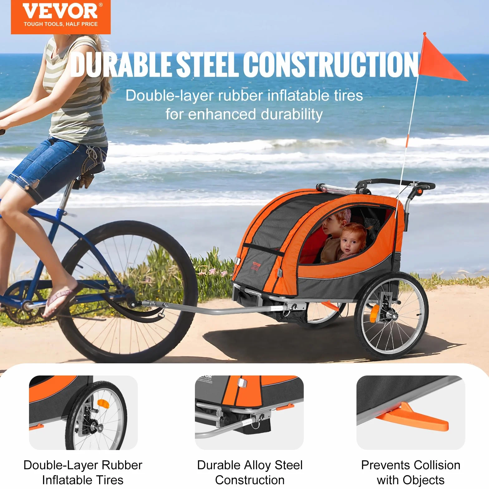 VEVOR Remorque vélo enfants double siège 40 kg 2en1 poussette pliable attelage universel Orange Gris