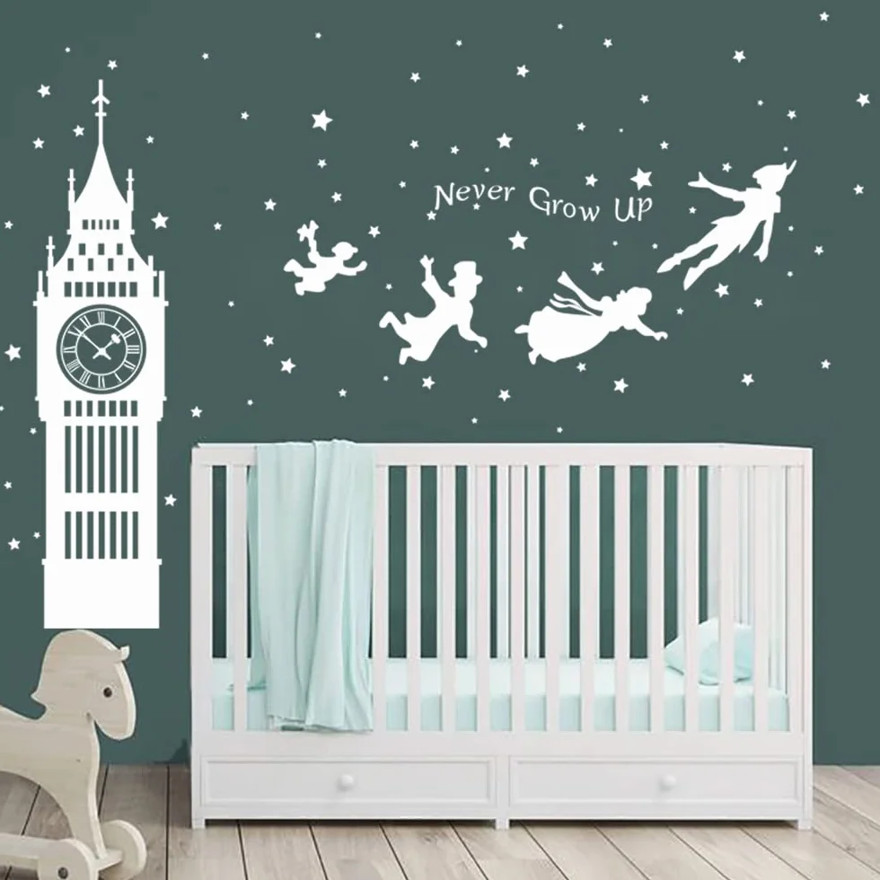 Autocollant Mural Peter Pan Big Ben Silhouette Étoiles Décoration Chambre Enfants Fille Garçon Bébé