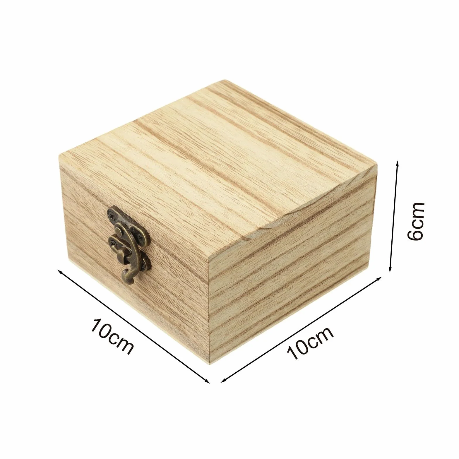 Boîte de rangement vintage en bois de paulownia carrée avec serrure métal 10x10x6 cm