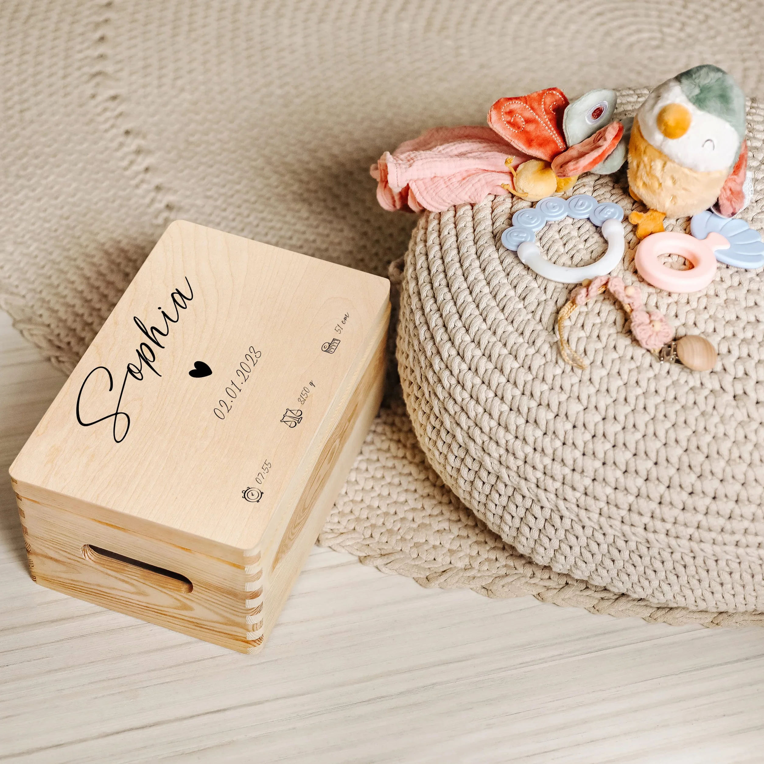 Boîte à Souvenirs Bébé Personnalisé en Bois - Cadeau Naissance Fille Garçon