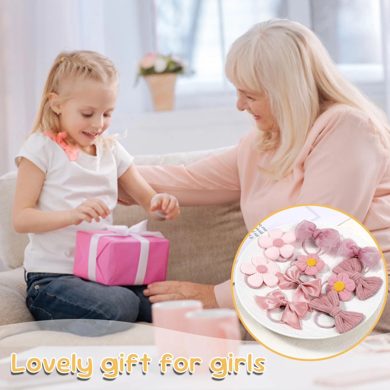 AzureRay Lot de 10 chouchous à cheveux avec nœuds rose et motif floral pour filles