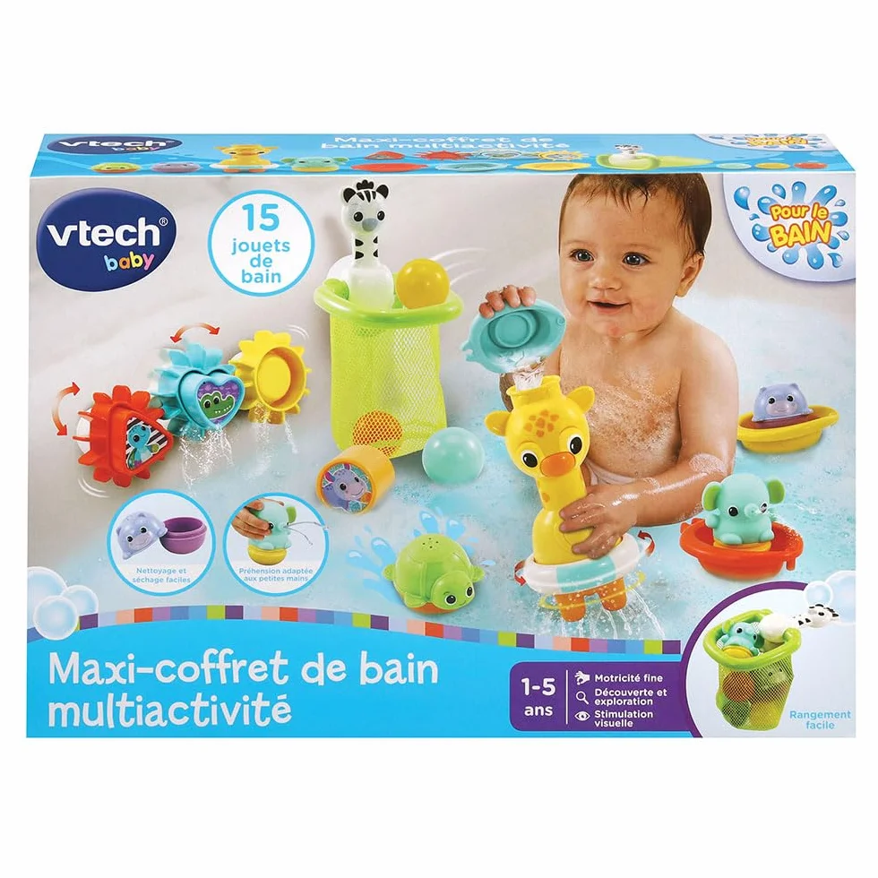 VTech Maxi-Coffret de Bain Multi Activité 15 Jouets de Bain Bébé Animaux Bateaux 3 Formes 3 Balles Filet de Rangement Cadeau Enfant 1 an
