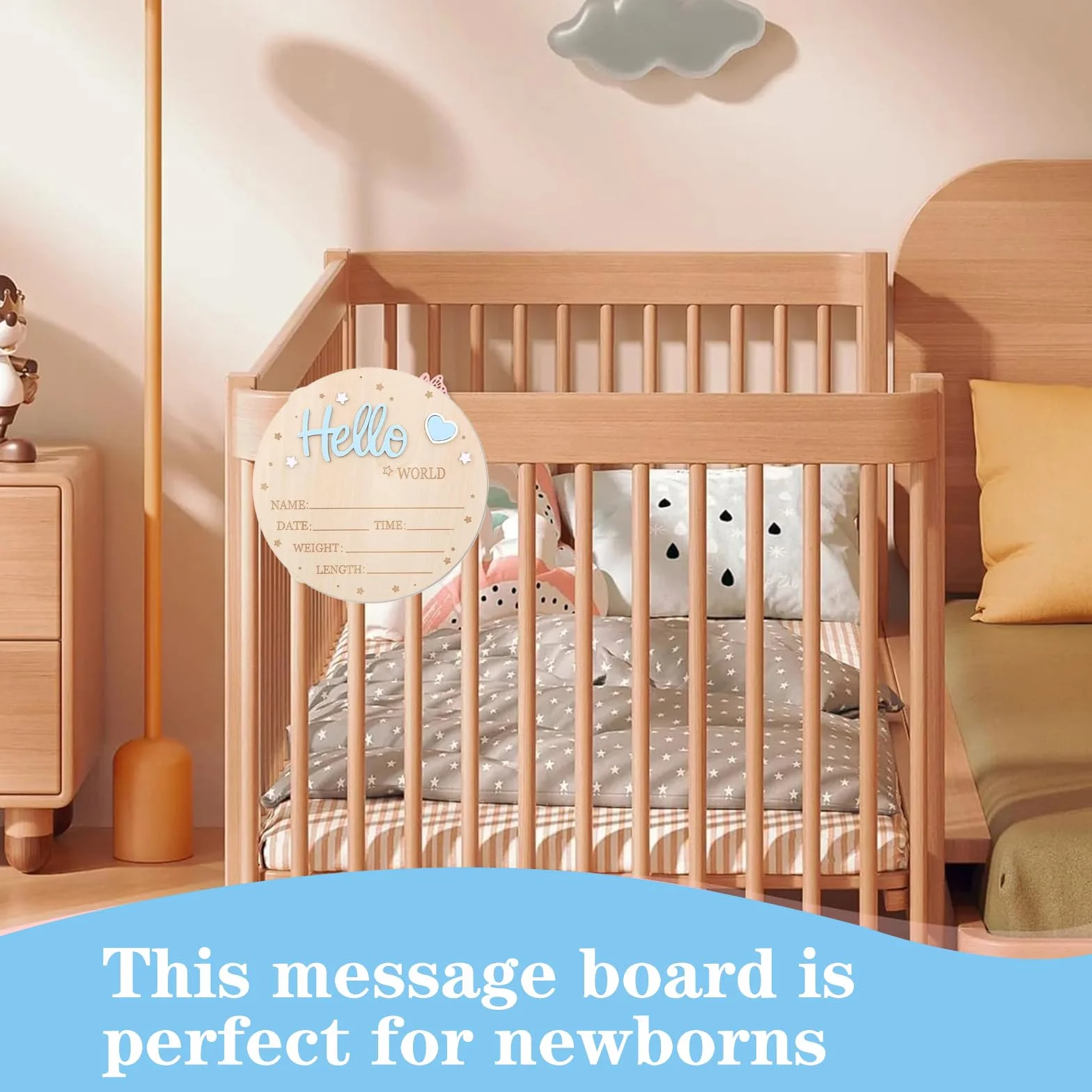Plaque Annonce Bébé « Bonjour Monde » en Bois Bleu, Carte du Monde pour Pronostic de Naissance, Décoration Chambre Bébé