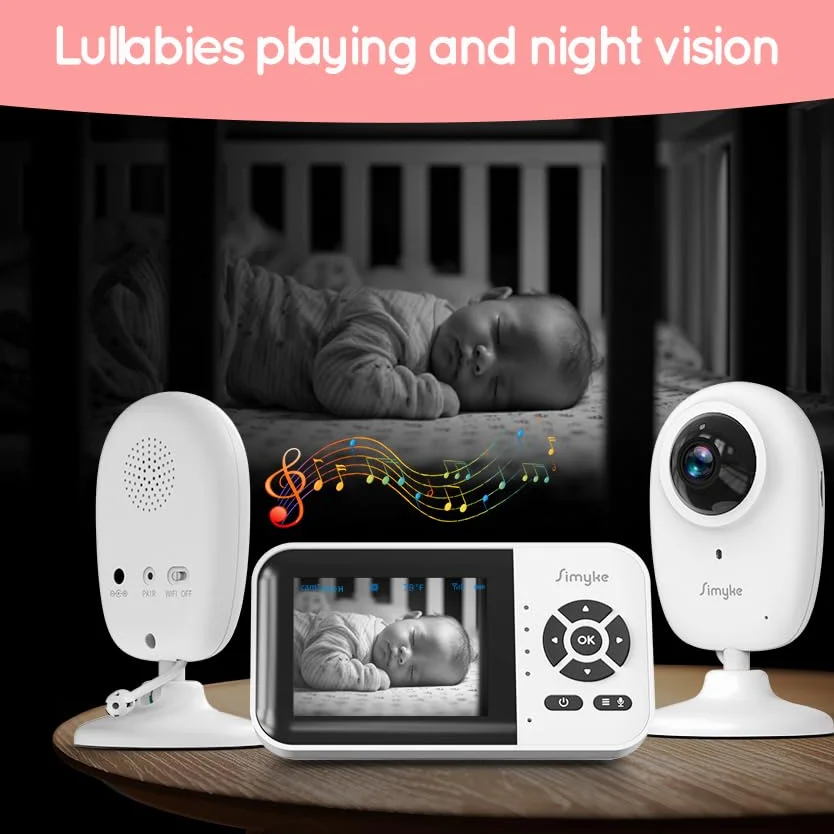 Simyke Moniteur de bébé intelligent avec caméra et audio double mode, WiFi, écran 2,8", vision nocturne, détection de température, conversation bidirectionnelle