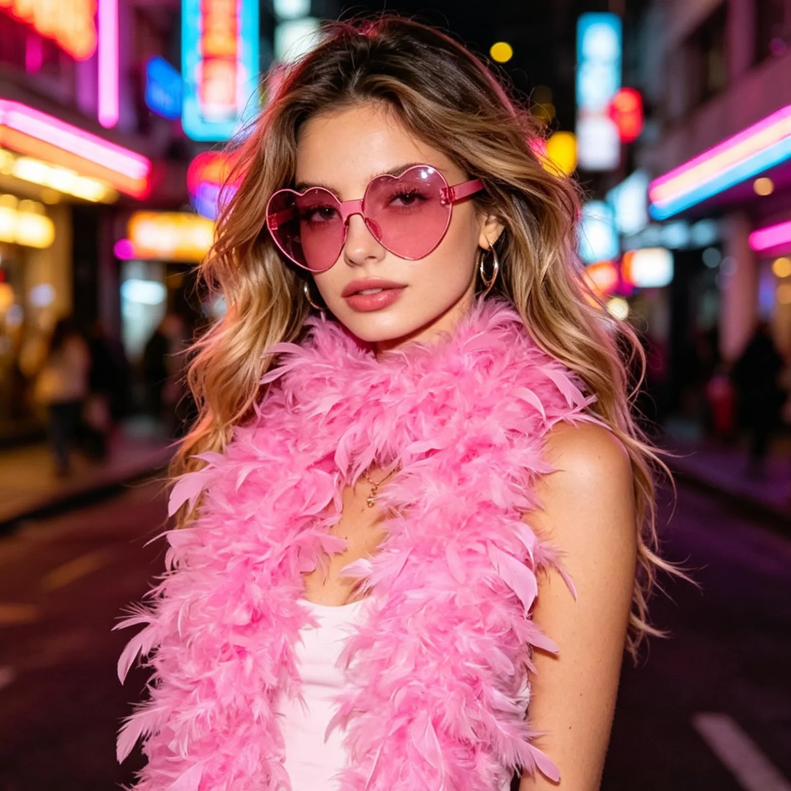 Boa Plume avec Lunettes en Forme de Cœur Sans Monture, Boa Rose de Dinde, Châle en Plumes pour Déguisement, Fête à Thème, Carnaval