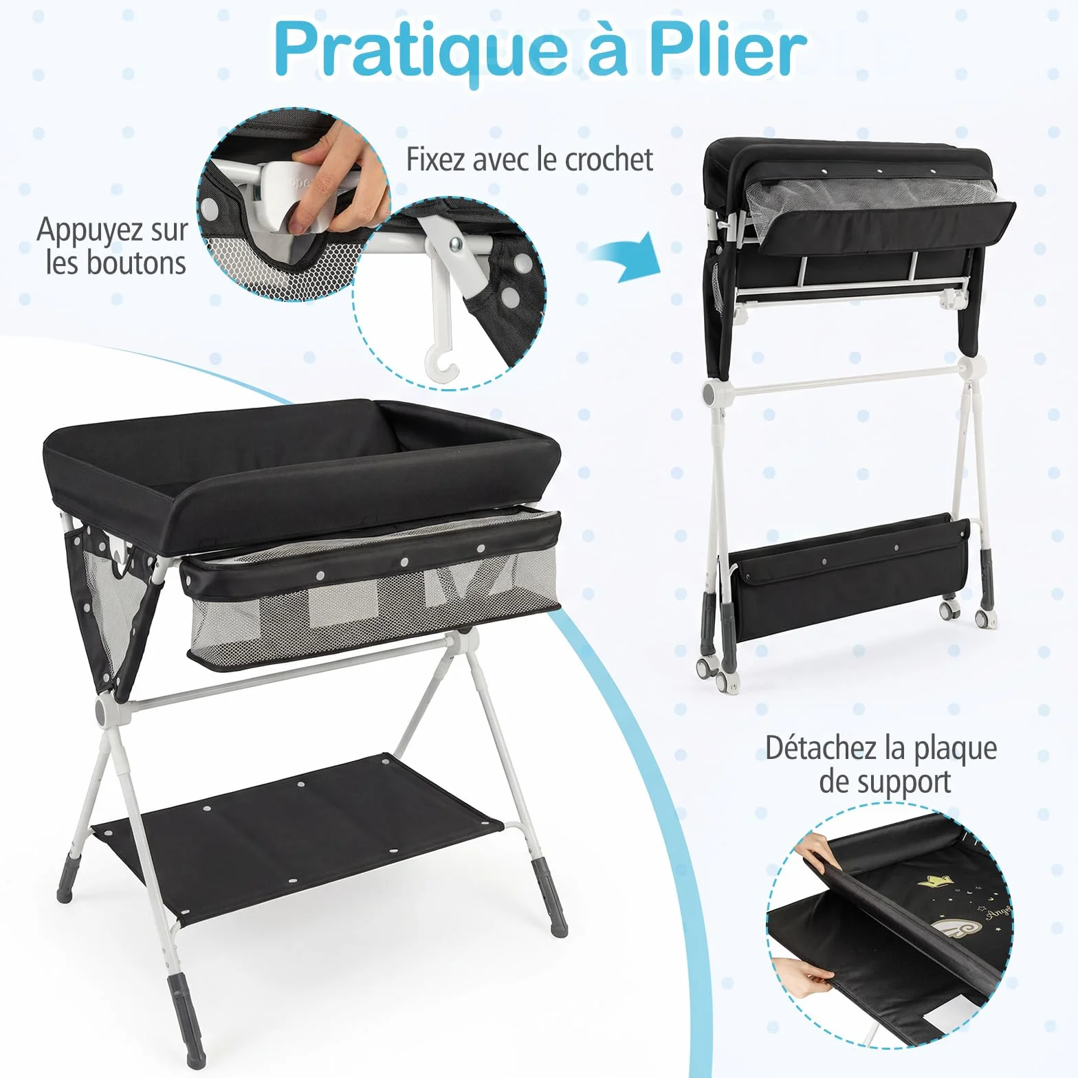 COSTWAY Table à Langer Pliante Bébé Réglable Hauteur 3 Niveaux Roulettes Étagère Panier Organiseur Mobile Noir