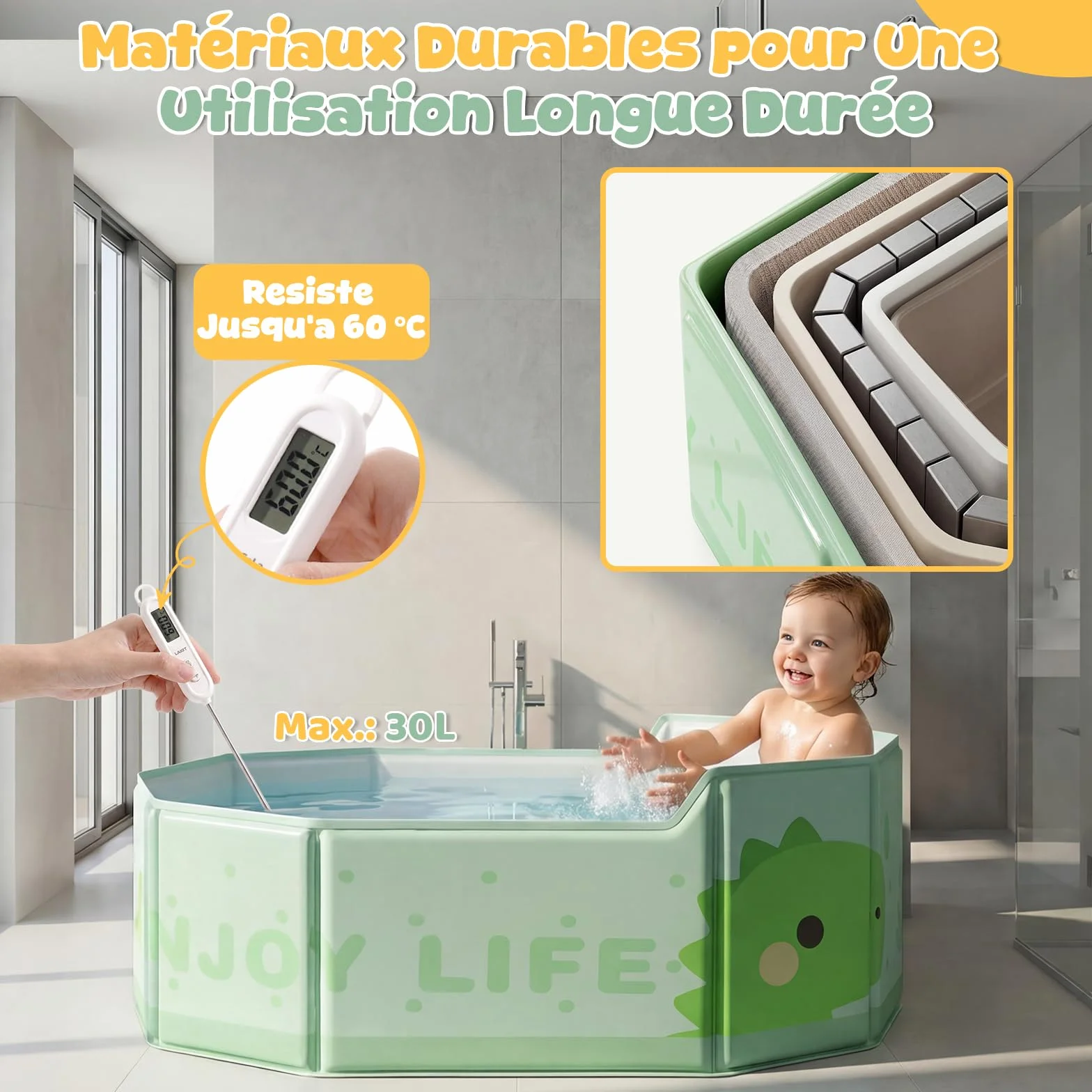 Orzbow Baignoire Pliable Bébé, Grande Baignoire avec Base Antidérapante, Vert, 6 Mois à 6 Ans