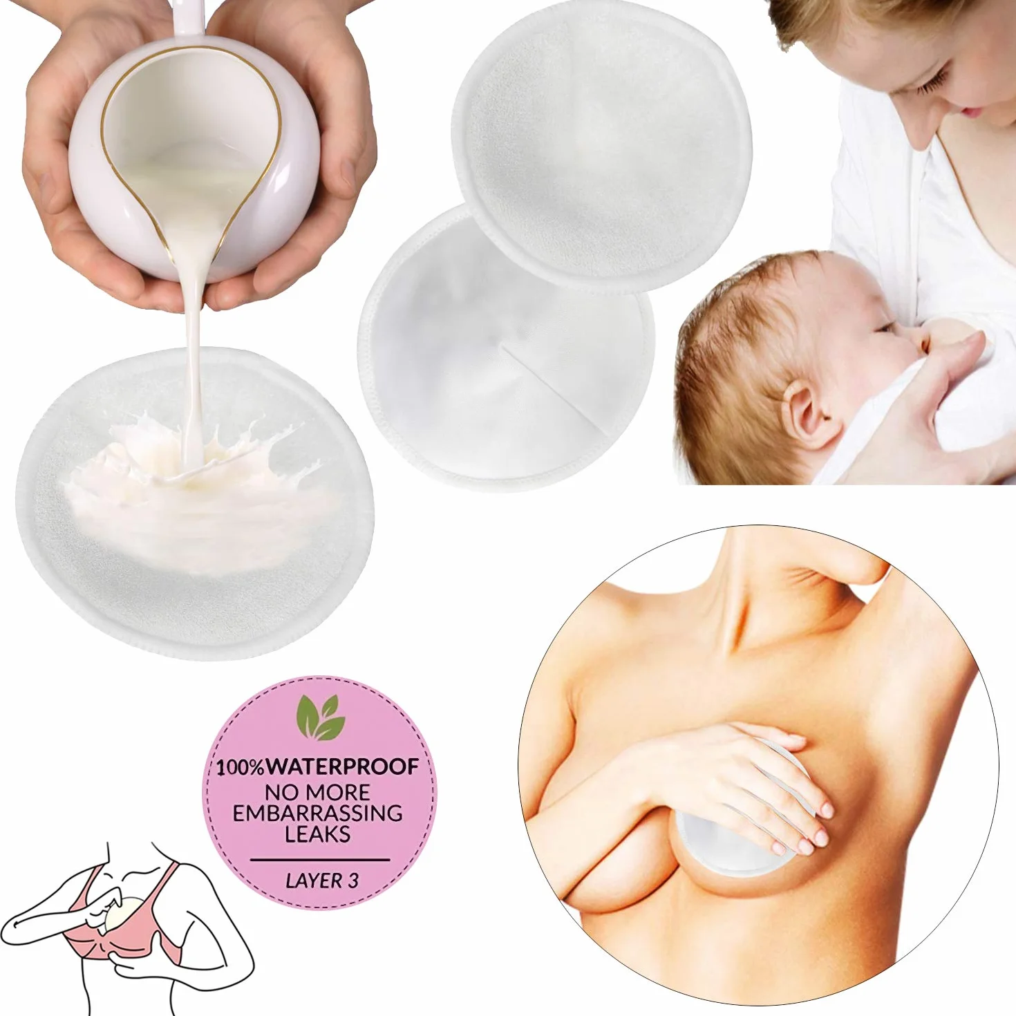 Coussinets d'allaitement en bambou biologique 12pcs lavables + sac de lavage pour maternité