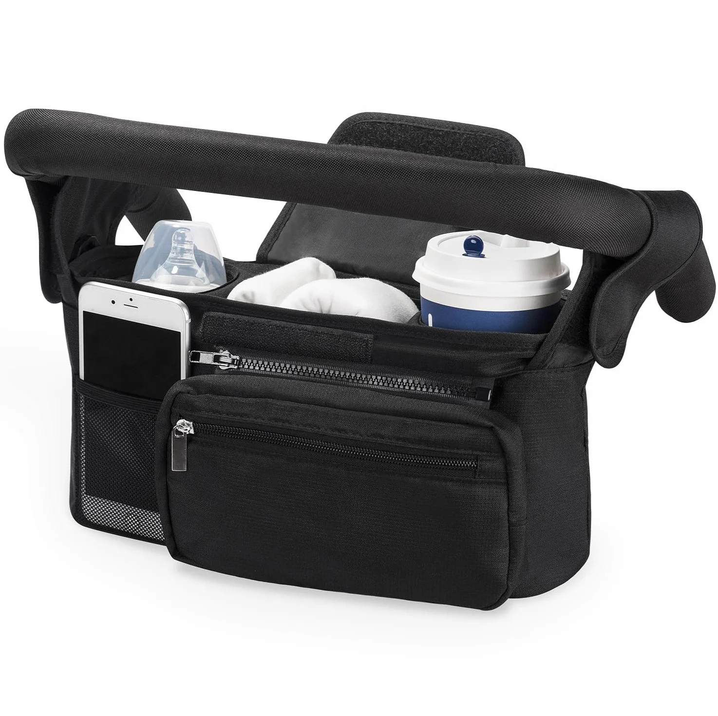 Momcozy Organisateur de Poussette avec 2 Porte-Gobelets Isolés, Sac de Rangement Universel Noir