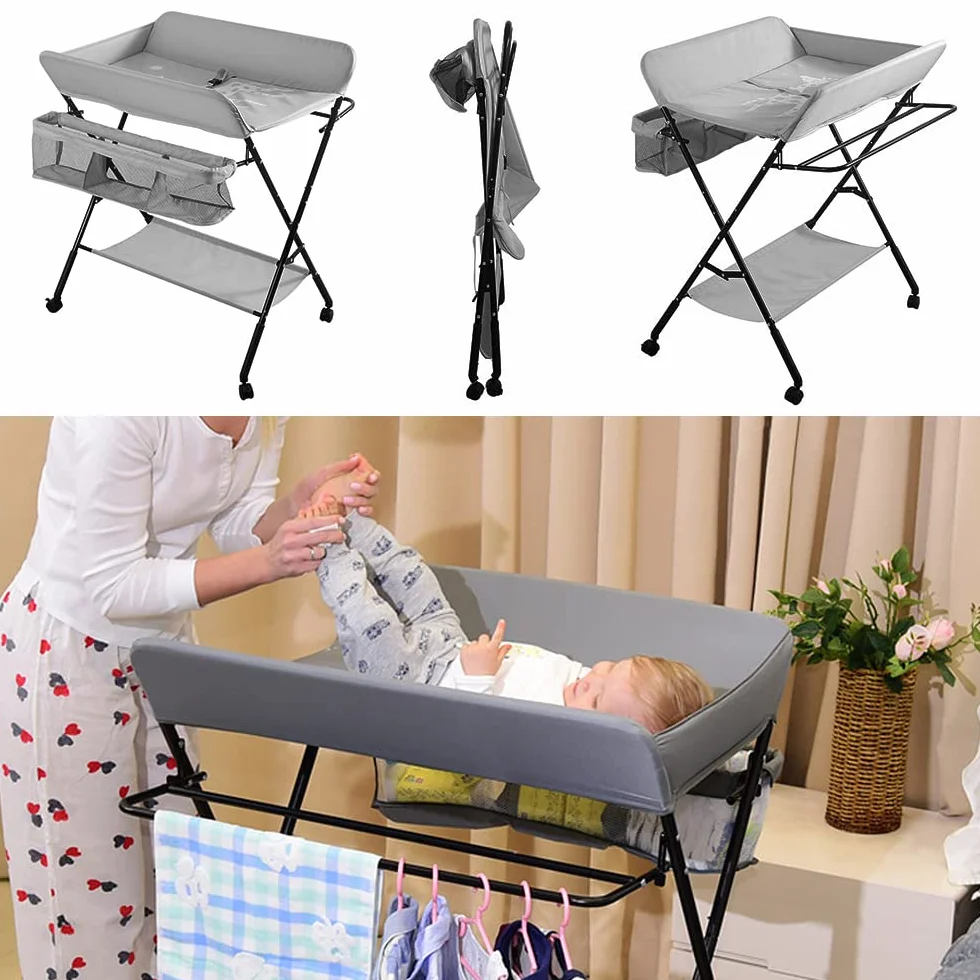 Table à Langer Pliante avec Panier de Rangement, Structure en Fer, Charge Max 25kg, 80x66x98cm, Gris
