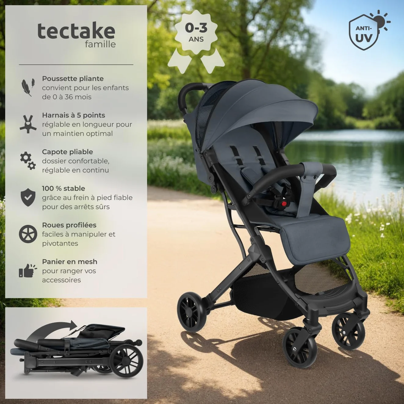Tectake Poussette compacte pliable 0-36 mois avec panier rangement harnais 5 points légère voyage bébé