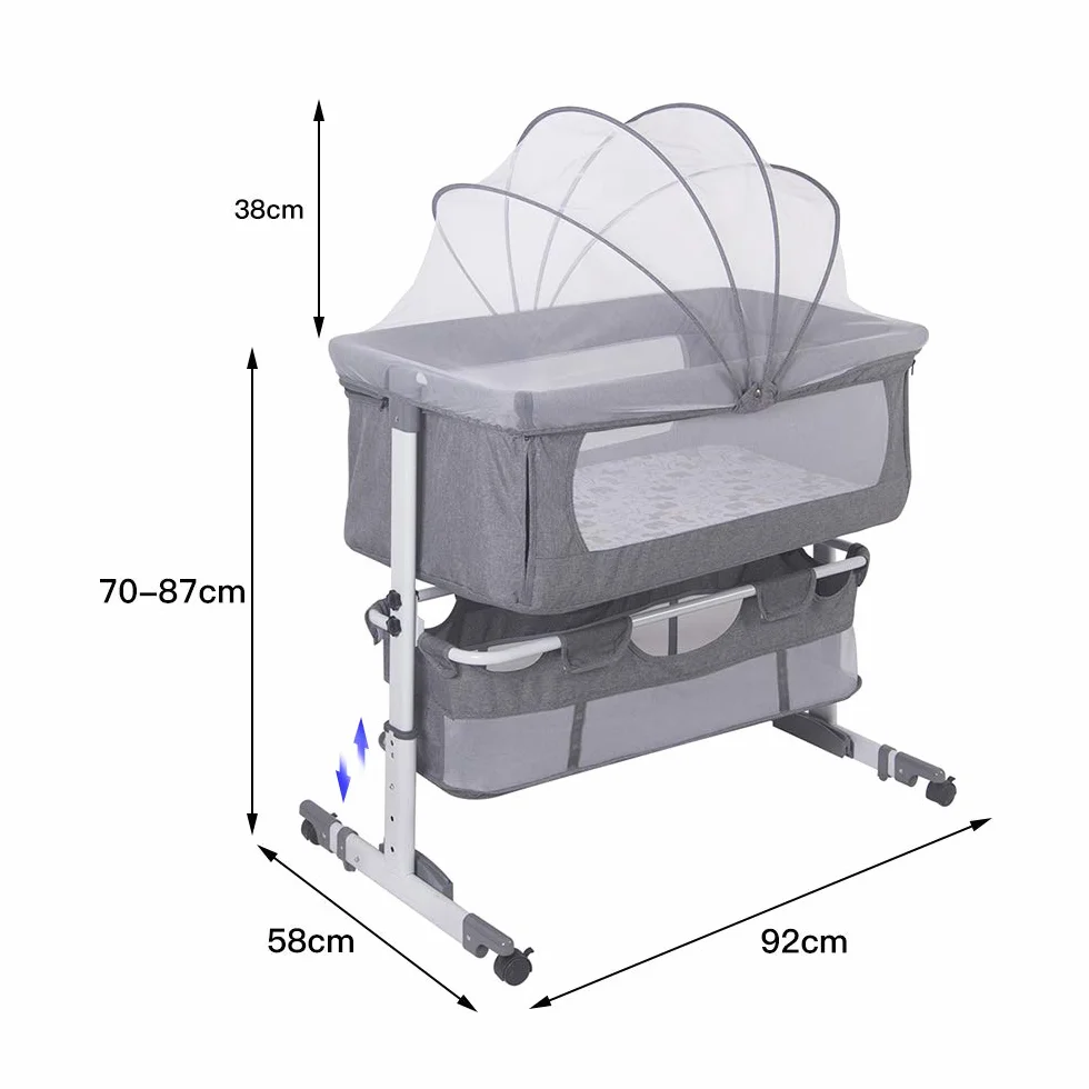 Lit Cododo Bébé 2 en 1 Berceau avec Matelas et Moustiquaire 50KG Réglable en Hauteur 92x58x70-87cm Gris