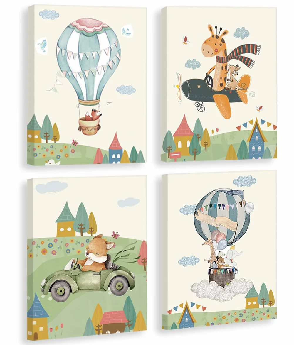 KAIRNE Lot de 4 posters animaux avec cadre 20x25 cm motifs avion montgolfière tableaux muraux chambre bébé