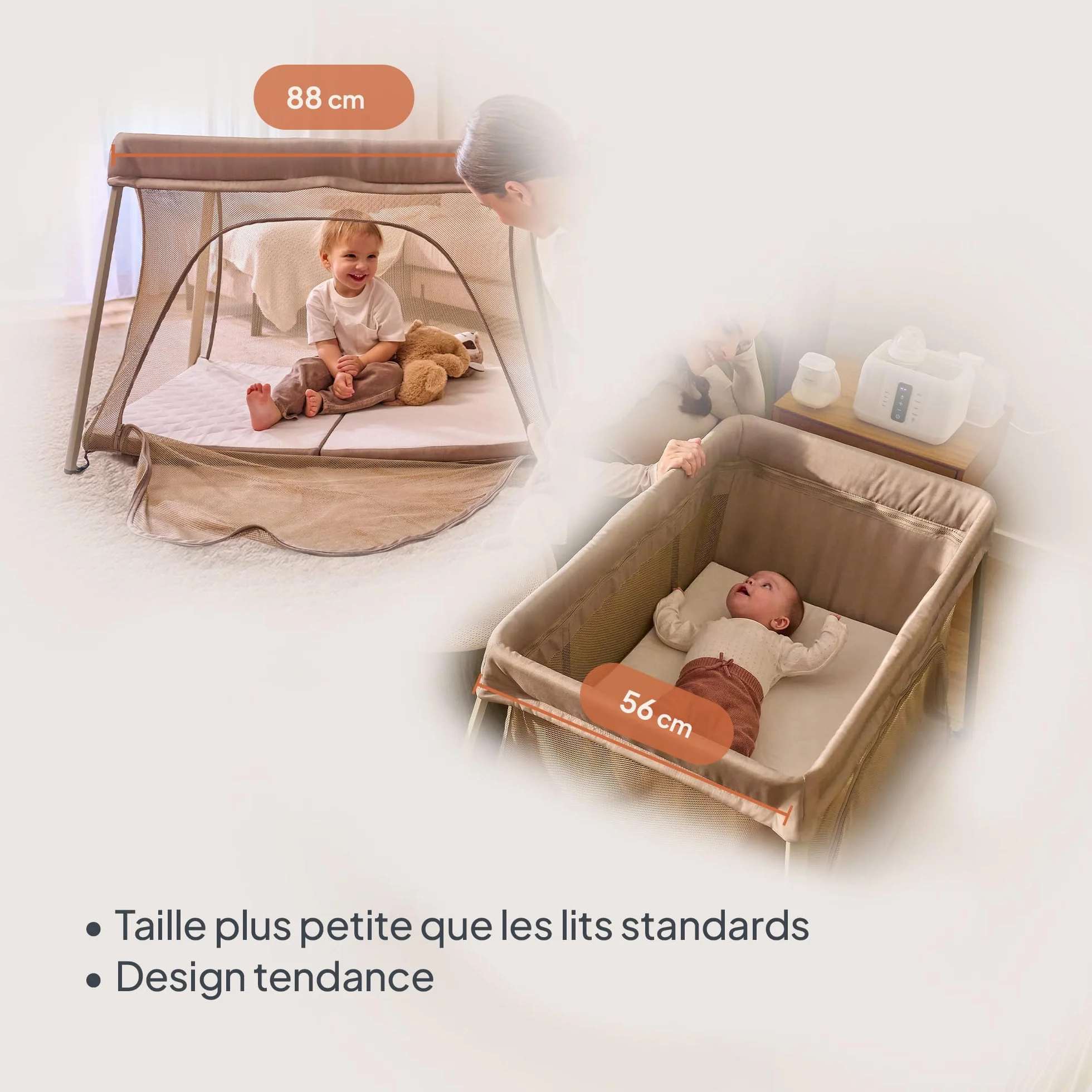 Lionelo Lit de Voyage Bébé Parc Enfant 3en1 Alice 0-15 kg Matelas Mousse 2 Niveaux Hauteur Pliable Léger Entrée Latérale Sac Voyage Beige