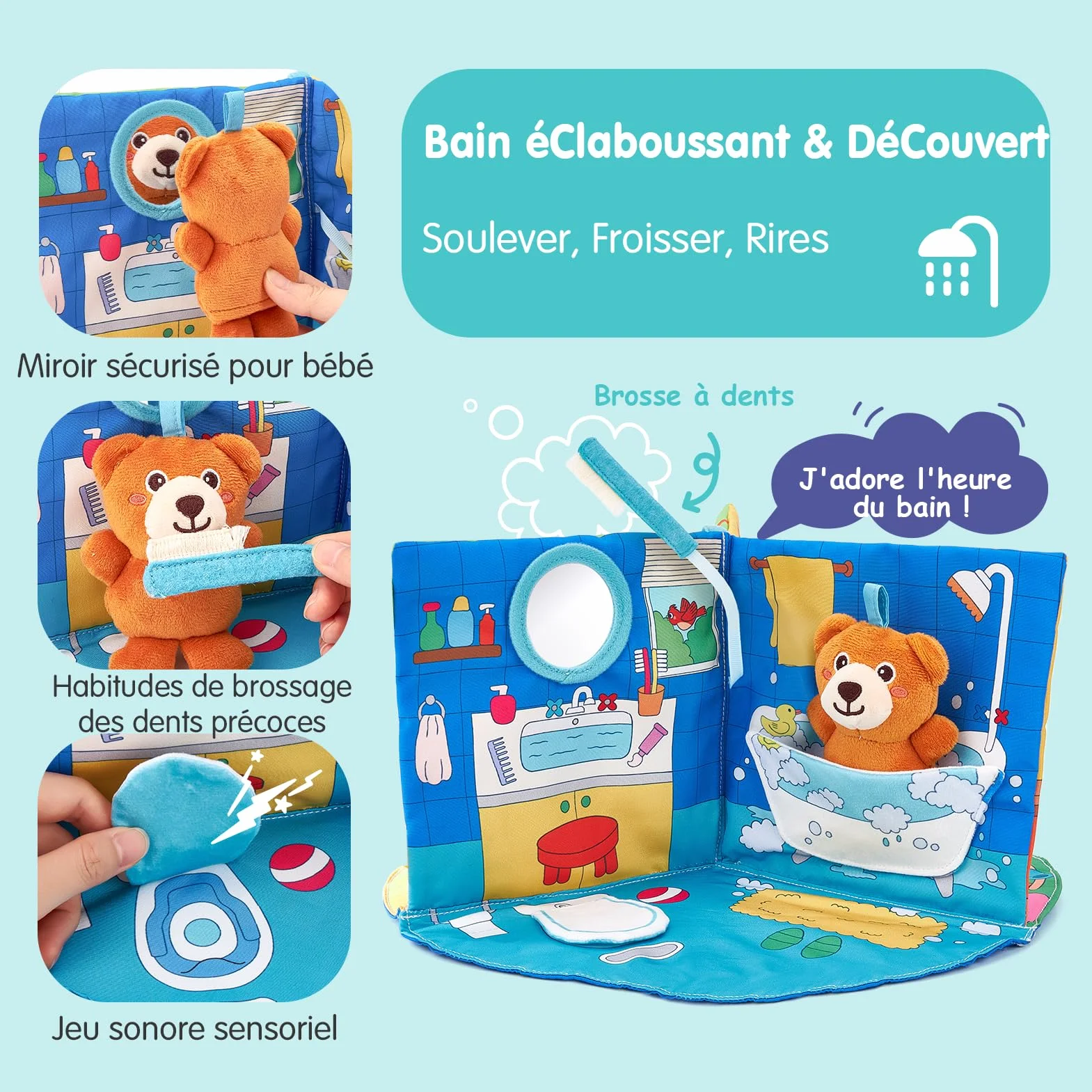 Livre Tissu Bebe Eveil 1 an - Livres activite sensoriel tactiles Bebes, Jouets Tissu Temps sur Ventre 6-18 Mois, Cadeau garcon Fille Enfant