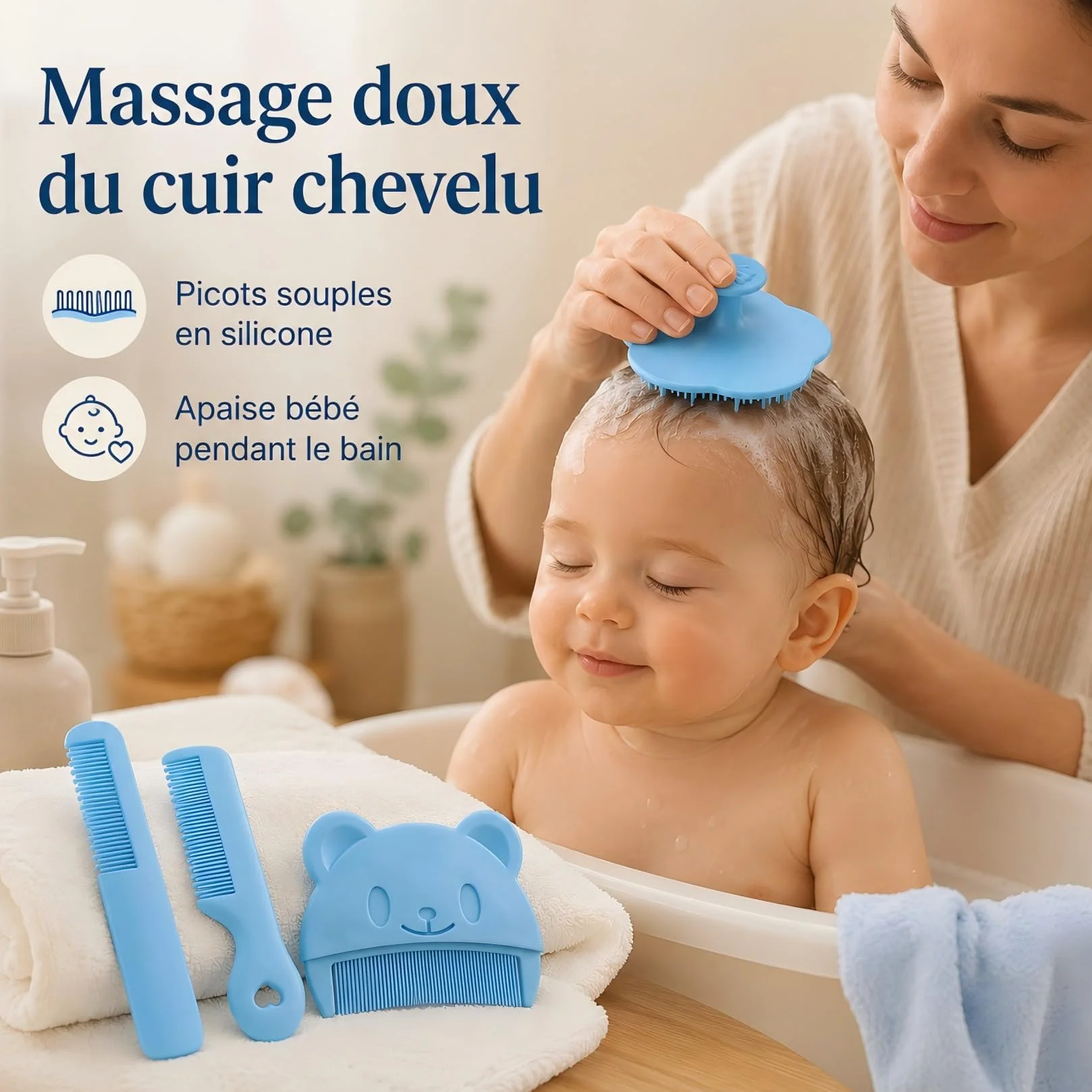 Lot de 4 Brosses et Peignes pour Bébé Anti-Croûte de Lait, Brosse à Cheveux Bébé, Peigne Doux pour Nettoyage et Massage du Cuir Chevelu