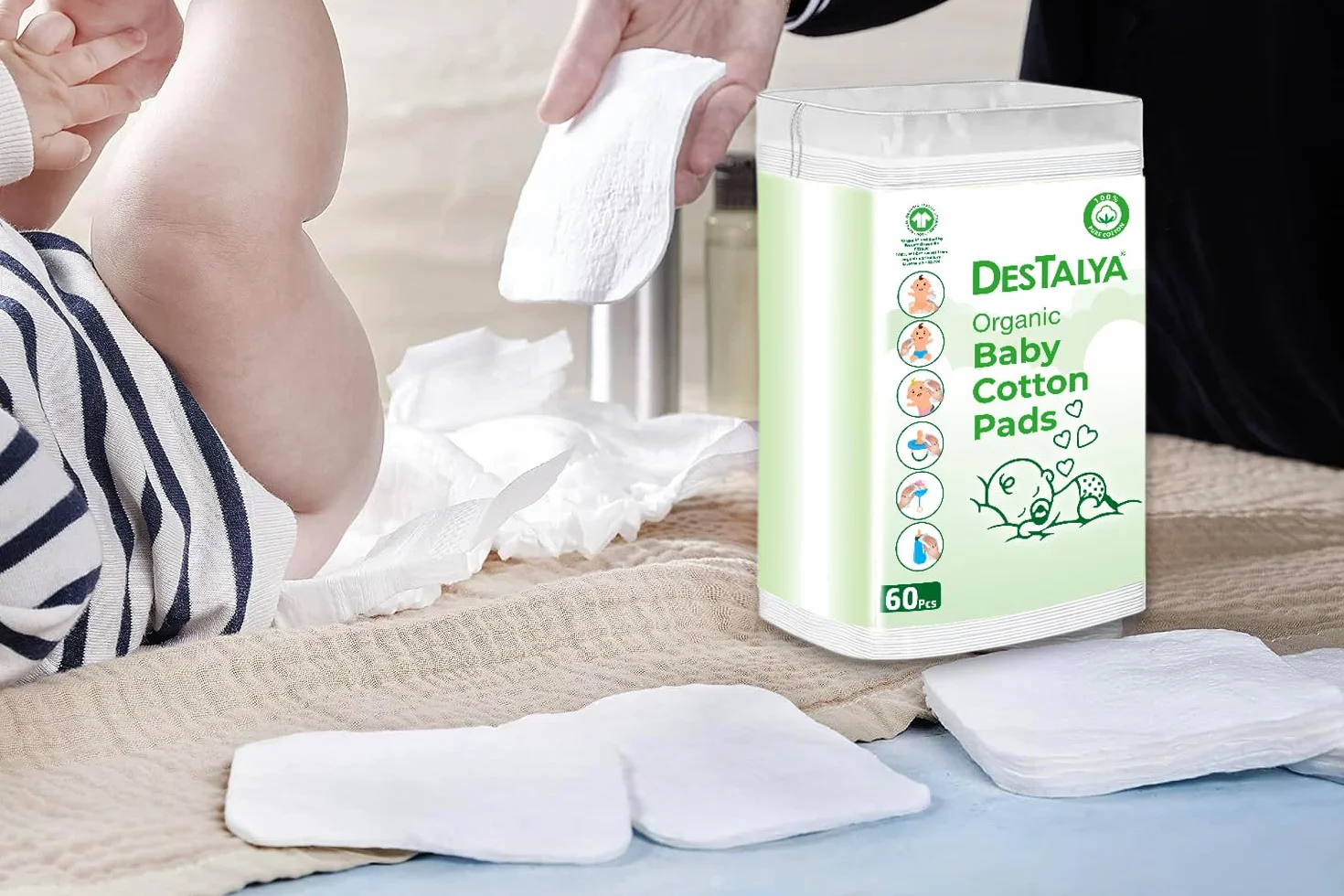 DESTALYA Lingettes Jetables Coton Bébé Peaux Sensibles Cotons Bio 360