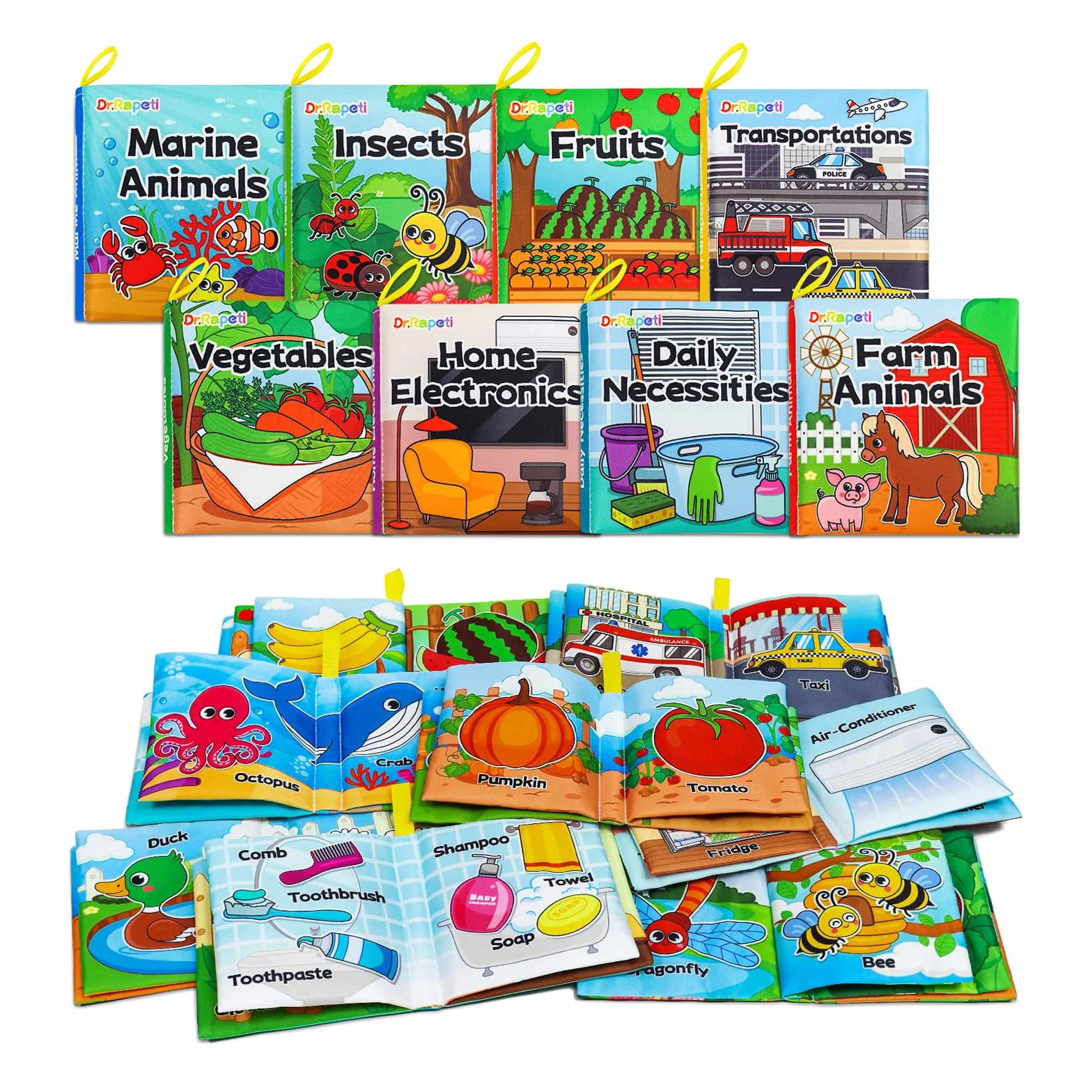 Dr.Rapeti Lot de 8 Livre Bebe en Tissu Doux, Jouet Educatif Sonore en Anglais