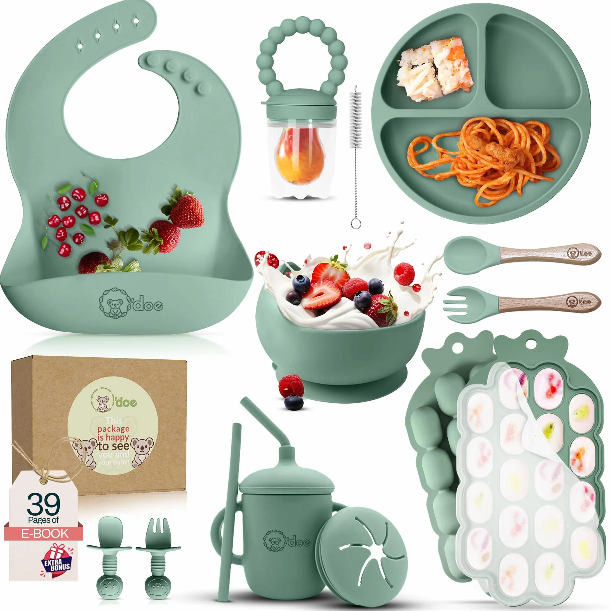 Set Repas Bébé 15 Pièces avec Bol Silicone à Ventouse, Cuillères, Tasses, Bavoirs, Assiettes