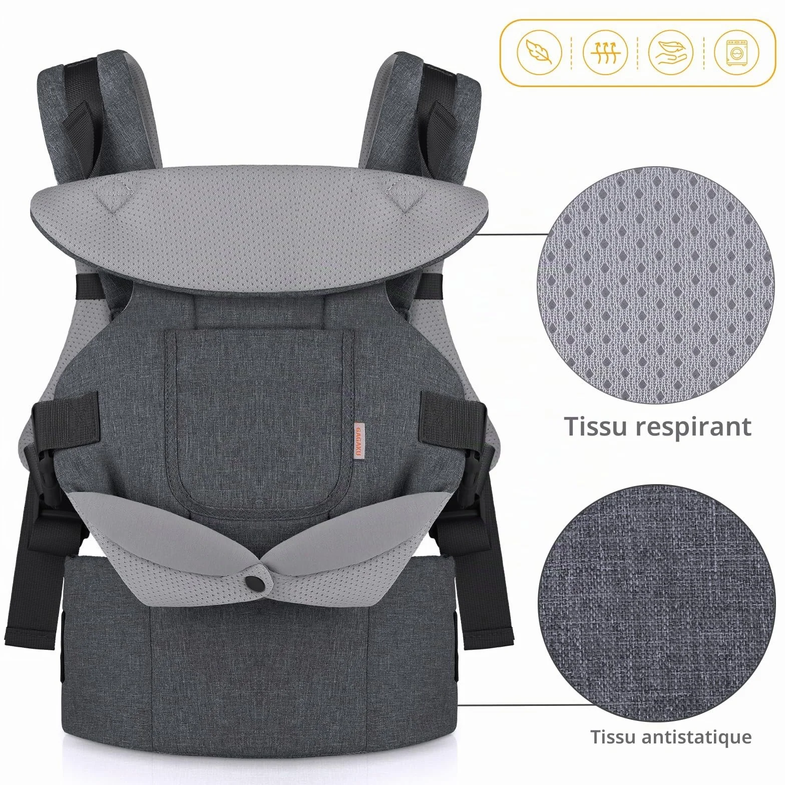 Porte-bébé 4-en-1 GAGAKU pour bébés 0-36 mois, gris foncé, face à face avant et arrière