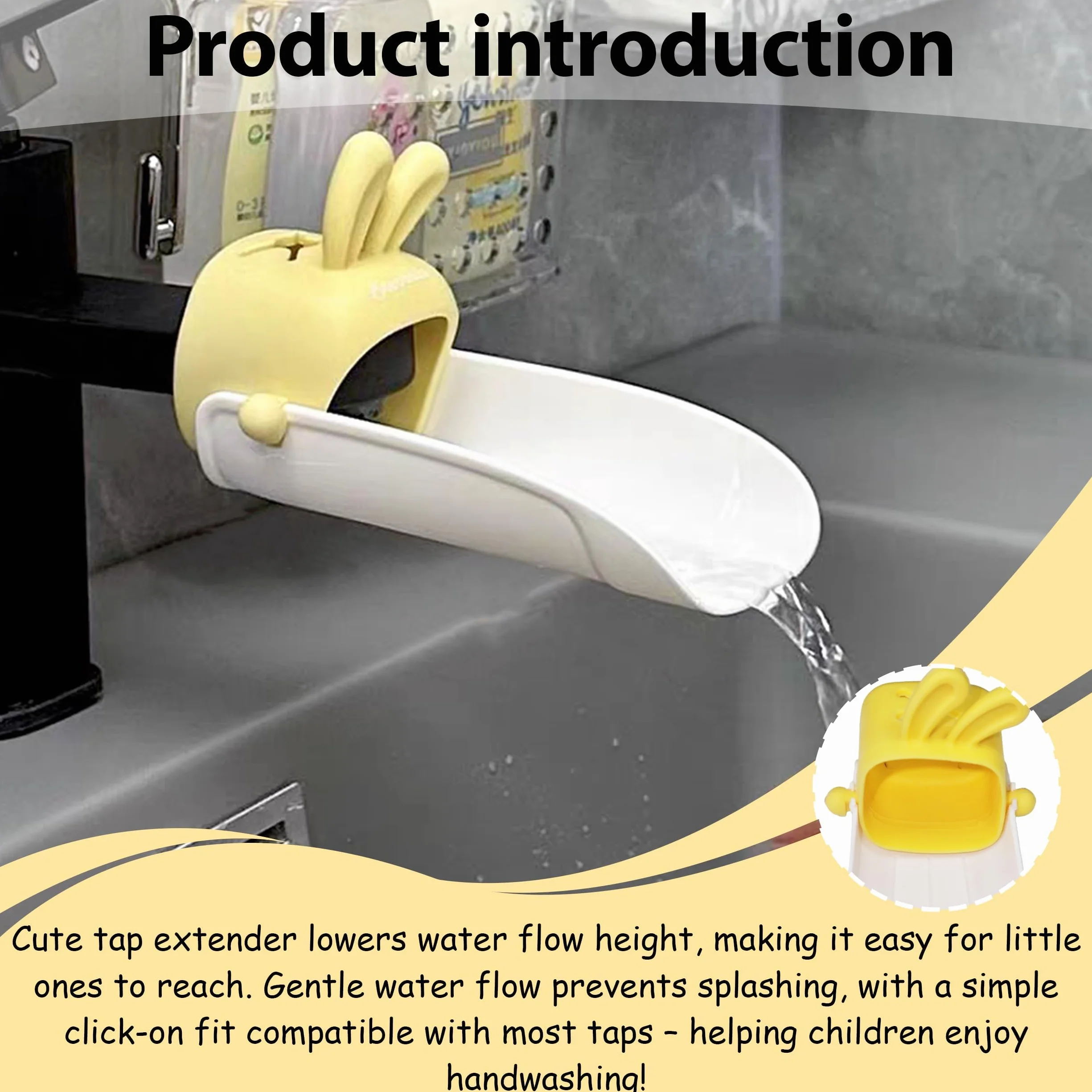 Prolongateur de Robinet Enfant Jaune, Rallonge de Robinet avec Oreilles de Lapin en Plastique pour Lavabo