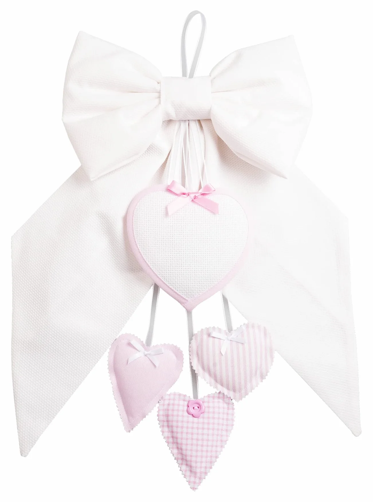 FILET Noeud de Naissance Blanc avec Coeurs Pendentifs Rose, Coeur en Toile Aida à Broder, Coton, Idéal pour Annoncer Naissance Fille, 100% Made in Italy